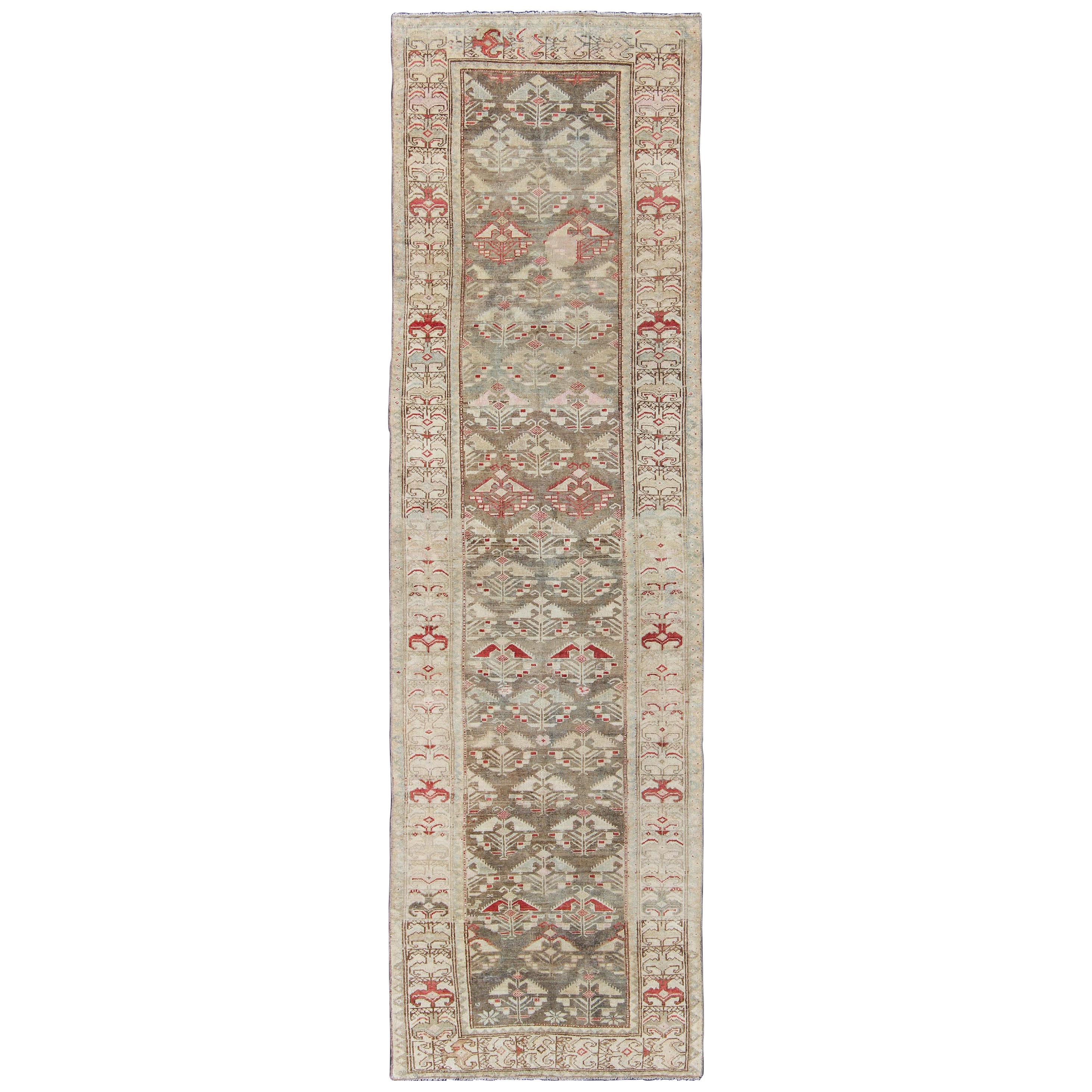 Antique Persian Kurdish Runner with Repeating Geometric in Gray Green, Neutrals