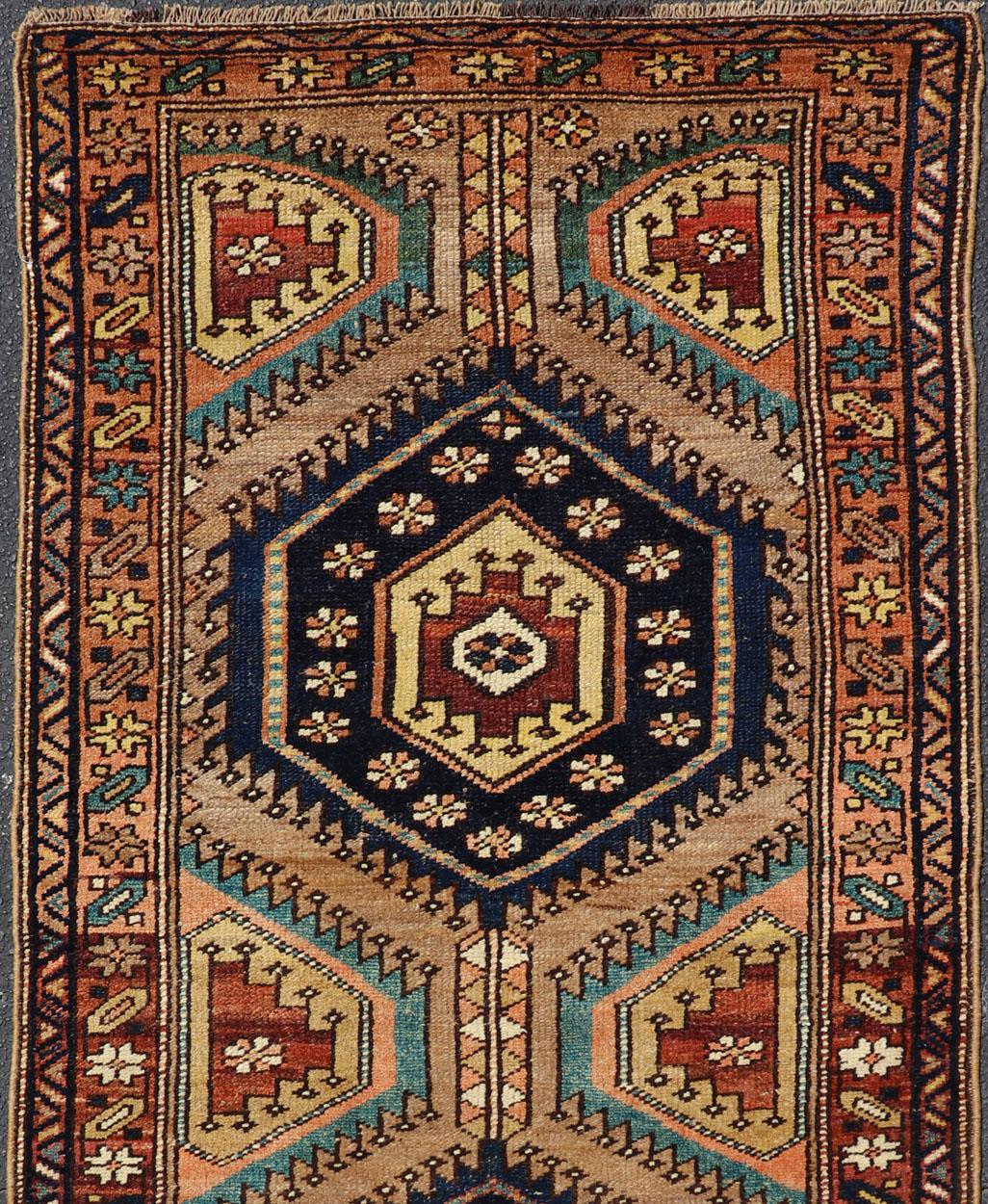 Hand-Knotted Antique Persian Kurdish Short Runner on Geometric Motifs in Light Camel Field For Sale