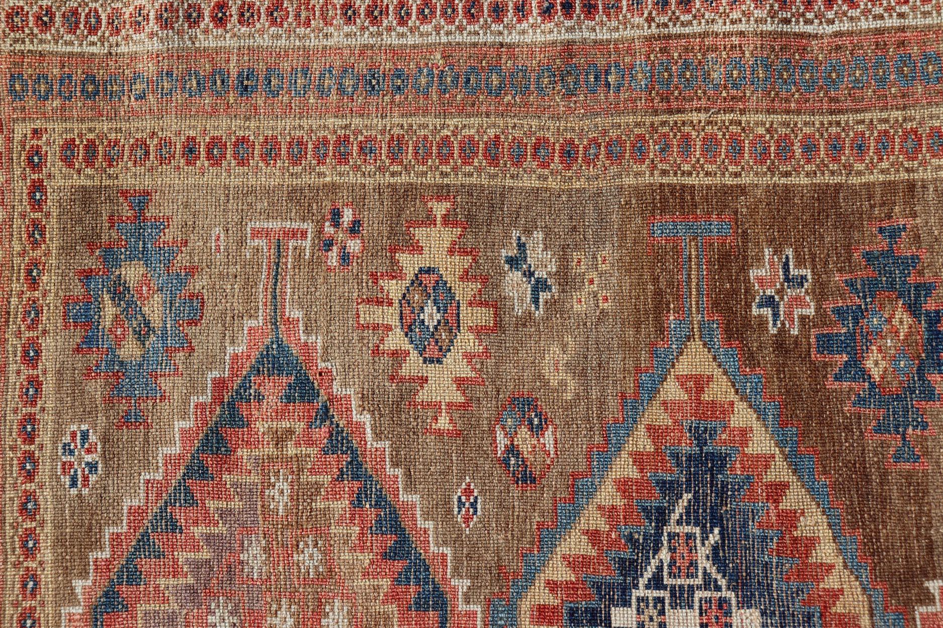 Wool Antique Persian Kurdish Short Runner with Geometric Motifs in Light Camel Field