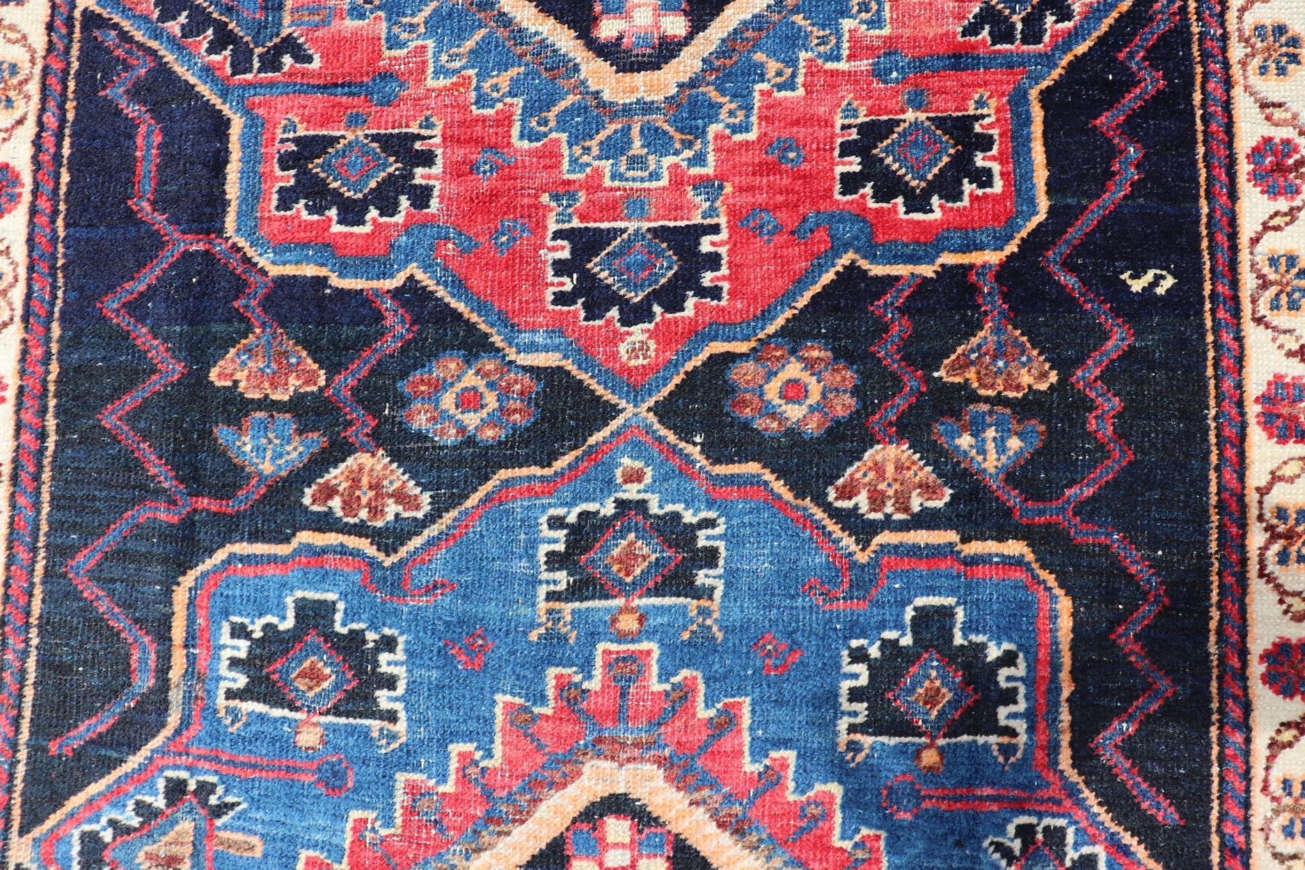 Hand-Knotted Antique Persian Kurdish Tribal Rug in Sub-Geometric Medallion Design For Sale