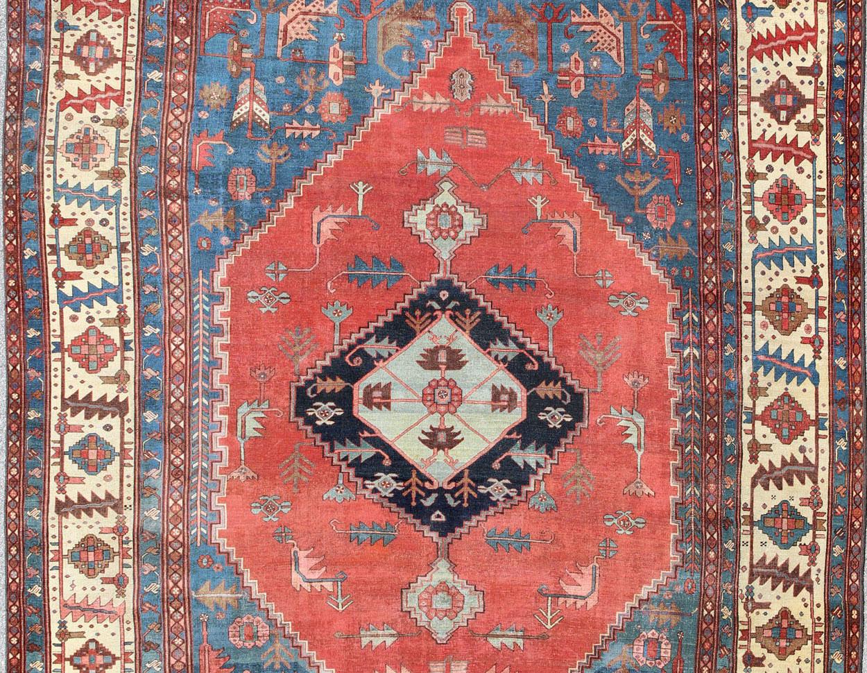 Antique Persian Large Bakshaish Serapi Rug in Brick Red, Royal Blue and Ivory For Sale 2