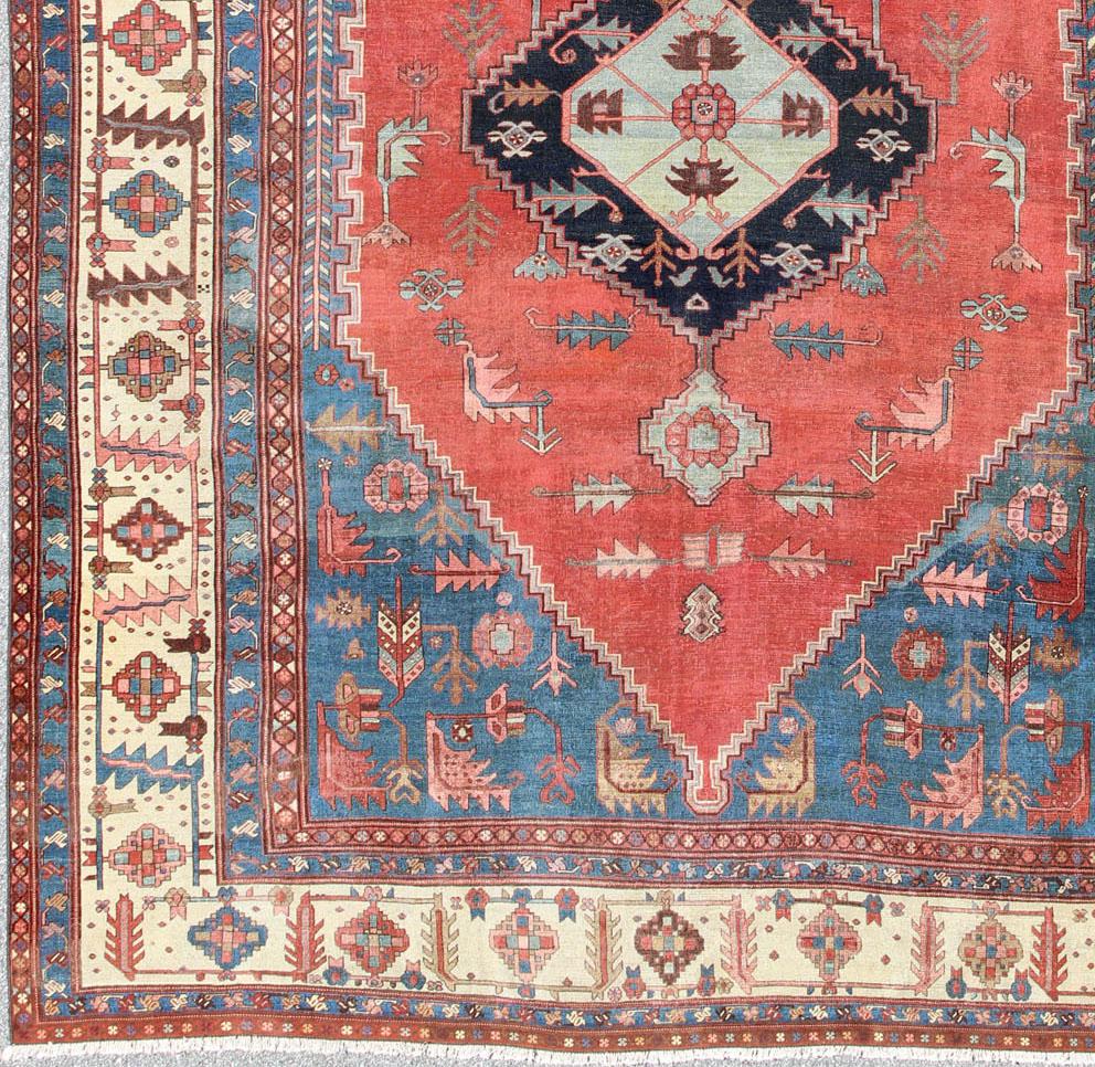 Antique Persian Large Bakshaish Serapi Rug in Brick Red, Royal Blue and Ivory For Sale 1