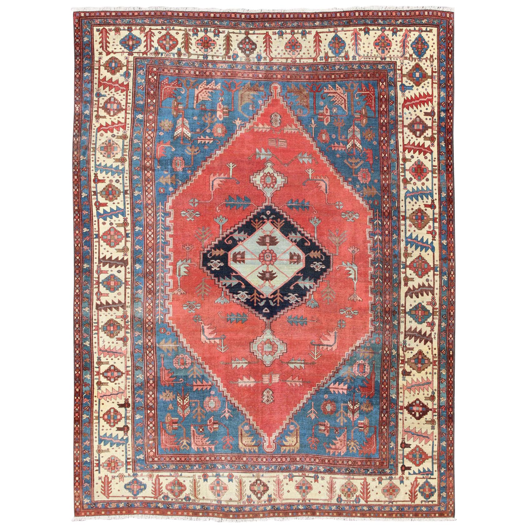 Antique Persian Large Bakshaish Serapi Rug in Brick Red, Royal Blue and Ivory For Sale
