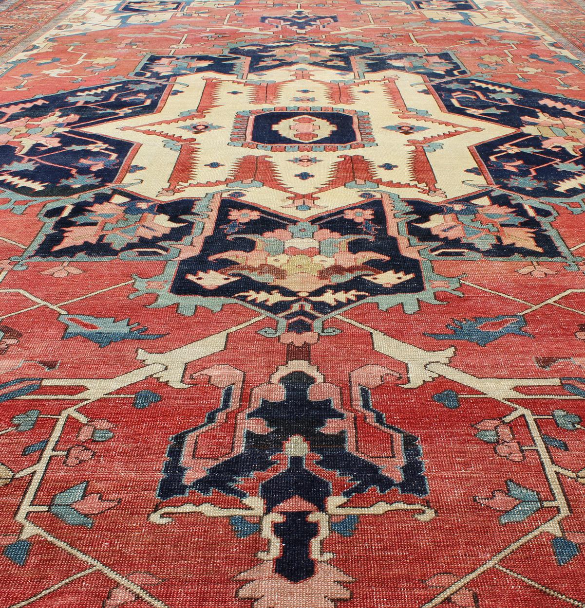 Large Antique Persian Serapi Rug in Faded Red, Teal, Navy Blue, and Ivory For Sale 2