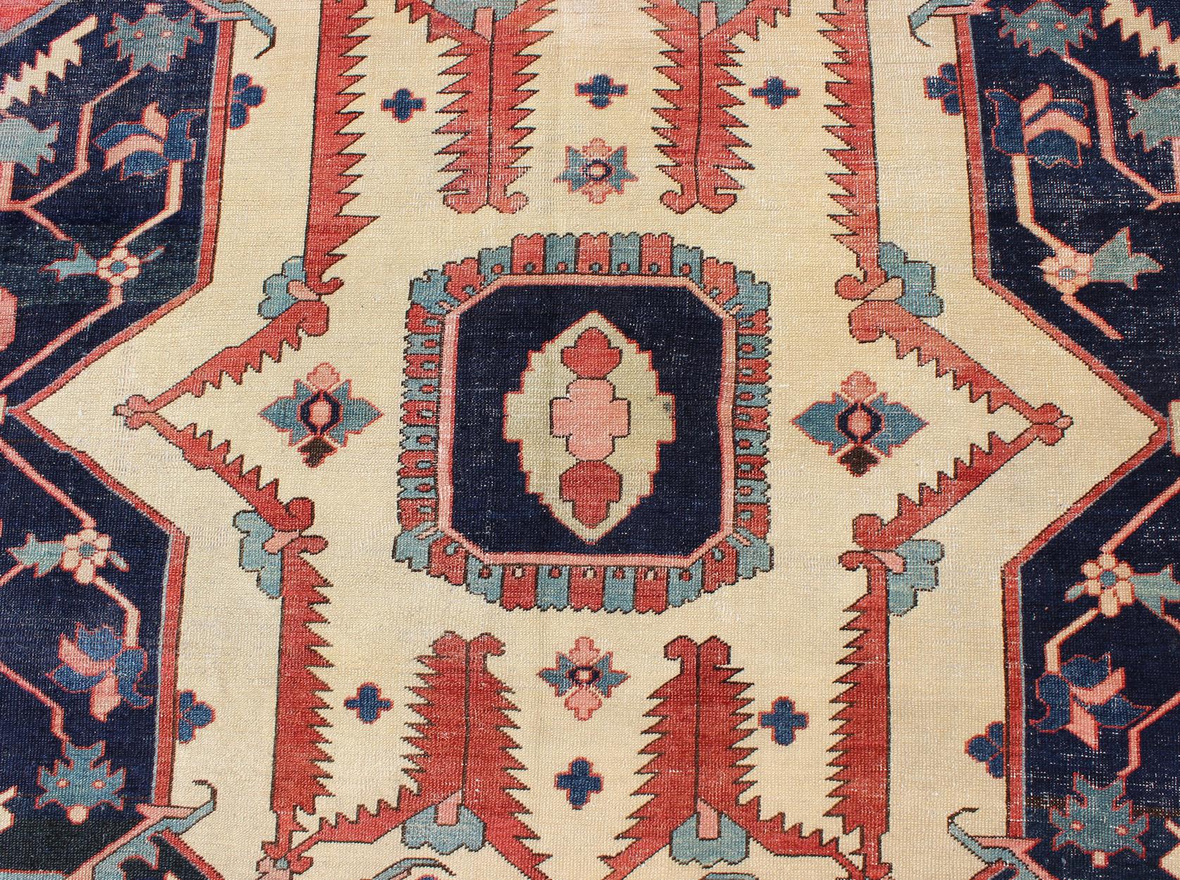 Large Antique Persian Serapi Rug in Faded Red, Teal, Navy Blue, and Ivory For Sale 3