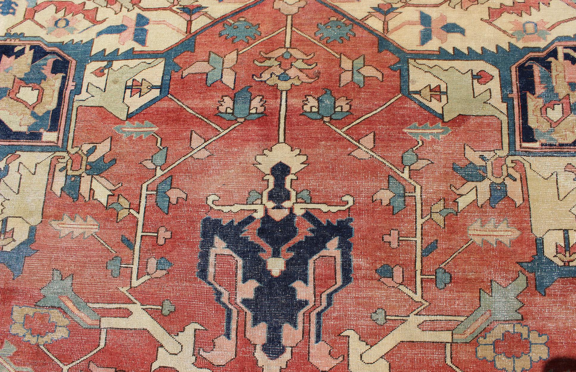 Large Antique Persian Serapi Rug in Faded Red, Teal, Navy Blue, and Ivory For Sale 4