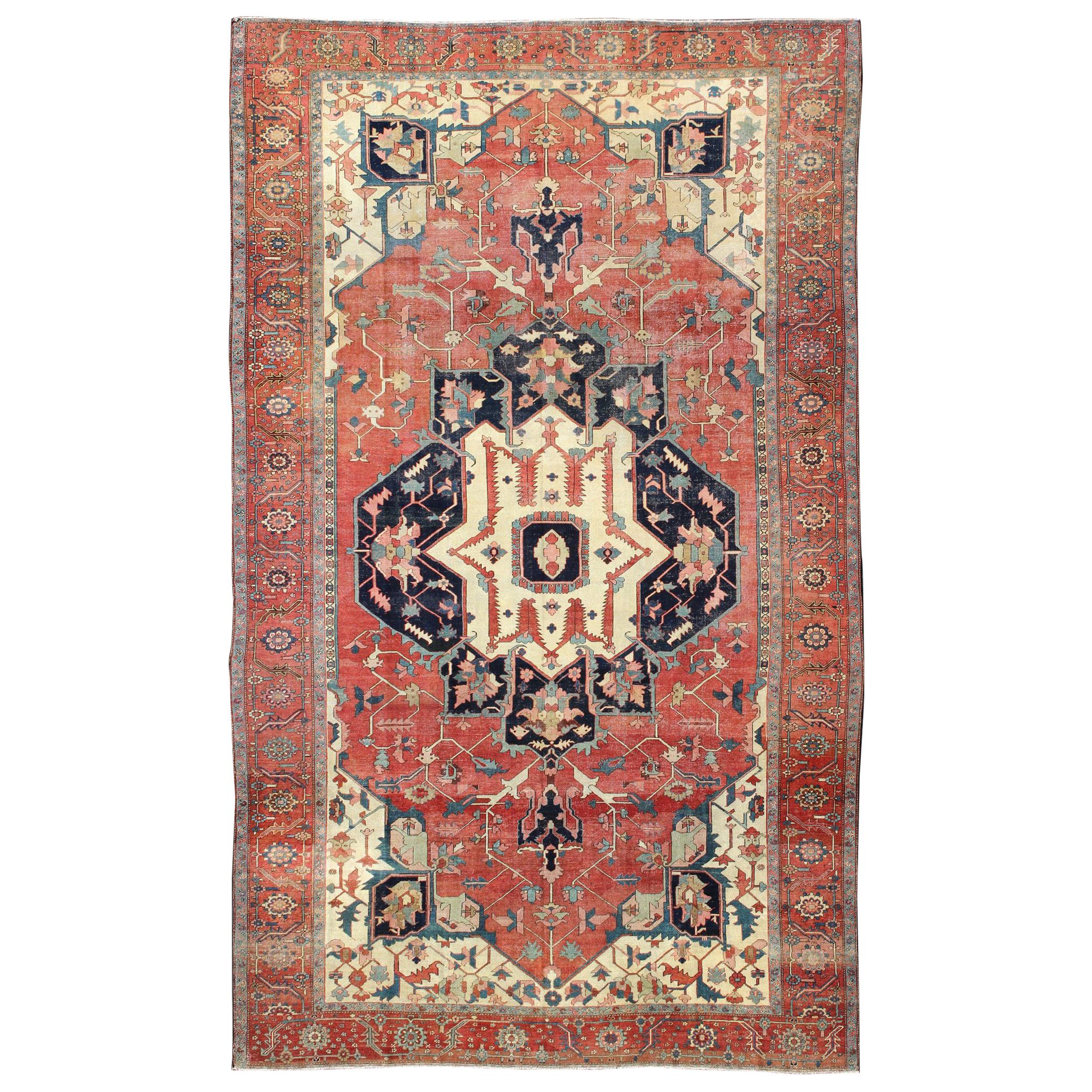 Large Antique Persian Serapi Rug in Faded Red, Teal, Blue, Ivory 11'3 x 18'7