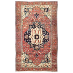 Large Antique Persian Serapi Rug in Faded Red, Teal, Navy Blue, and Ivory