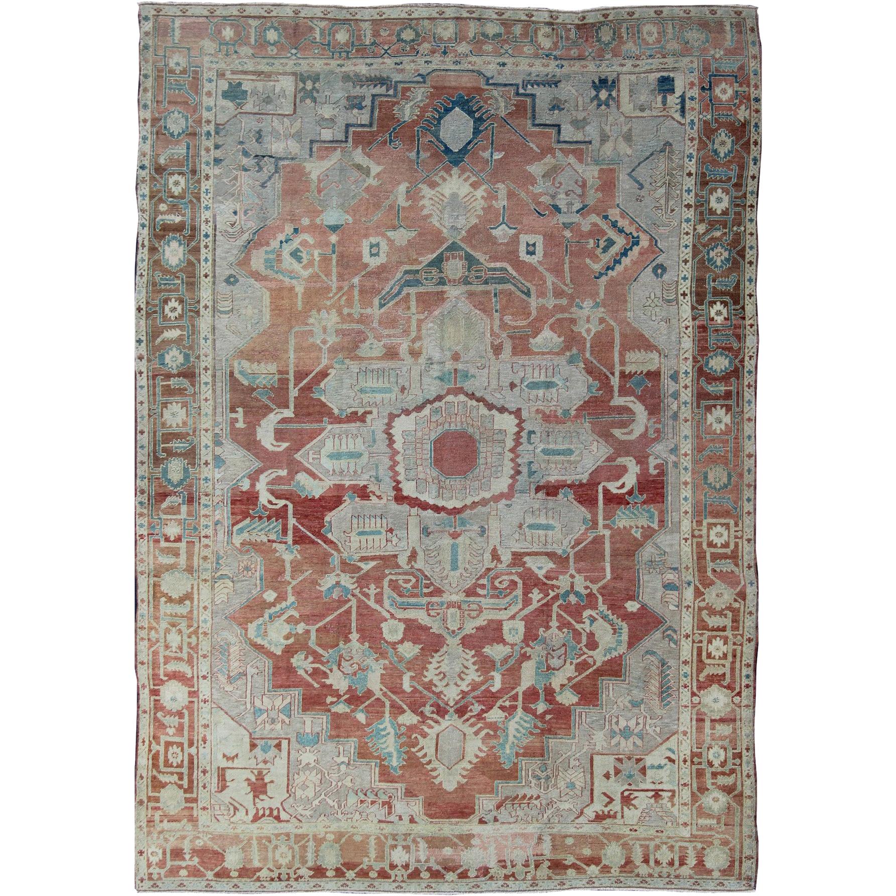 Antique Persian Large Serapi Rug in Soft Red, Taupe, Light Teal and Blue