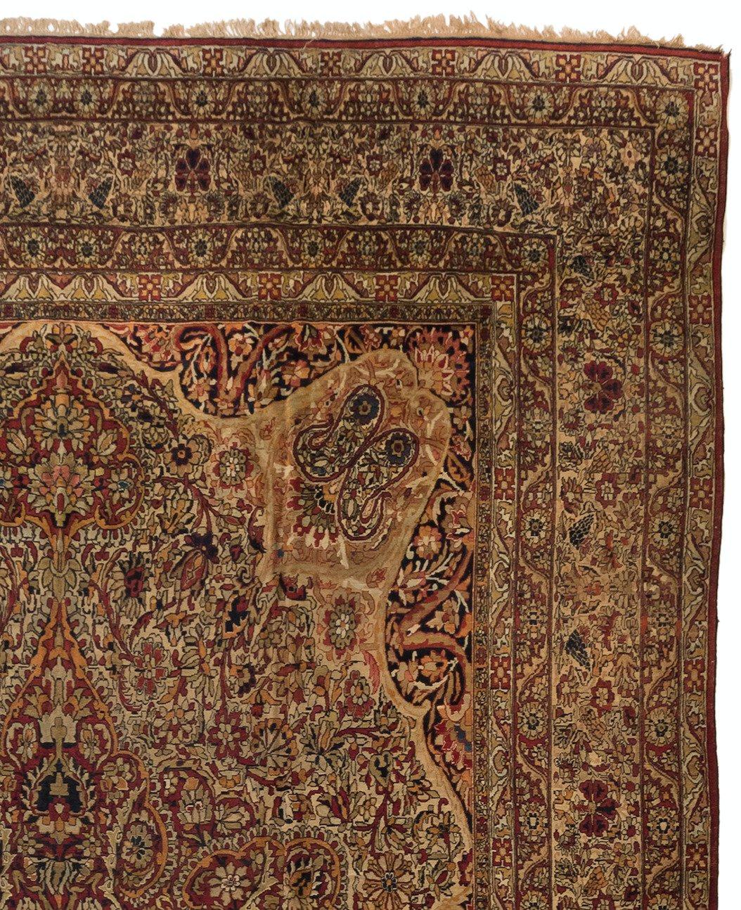Hand-Knotted Antique Persian Gold Floral Kirman Lavar Rug, circa 1880s-1900s For Sale