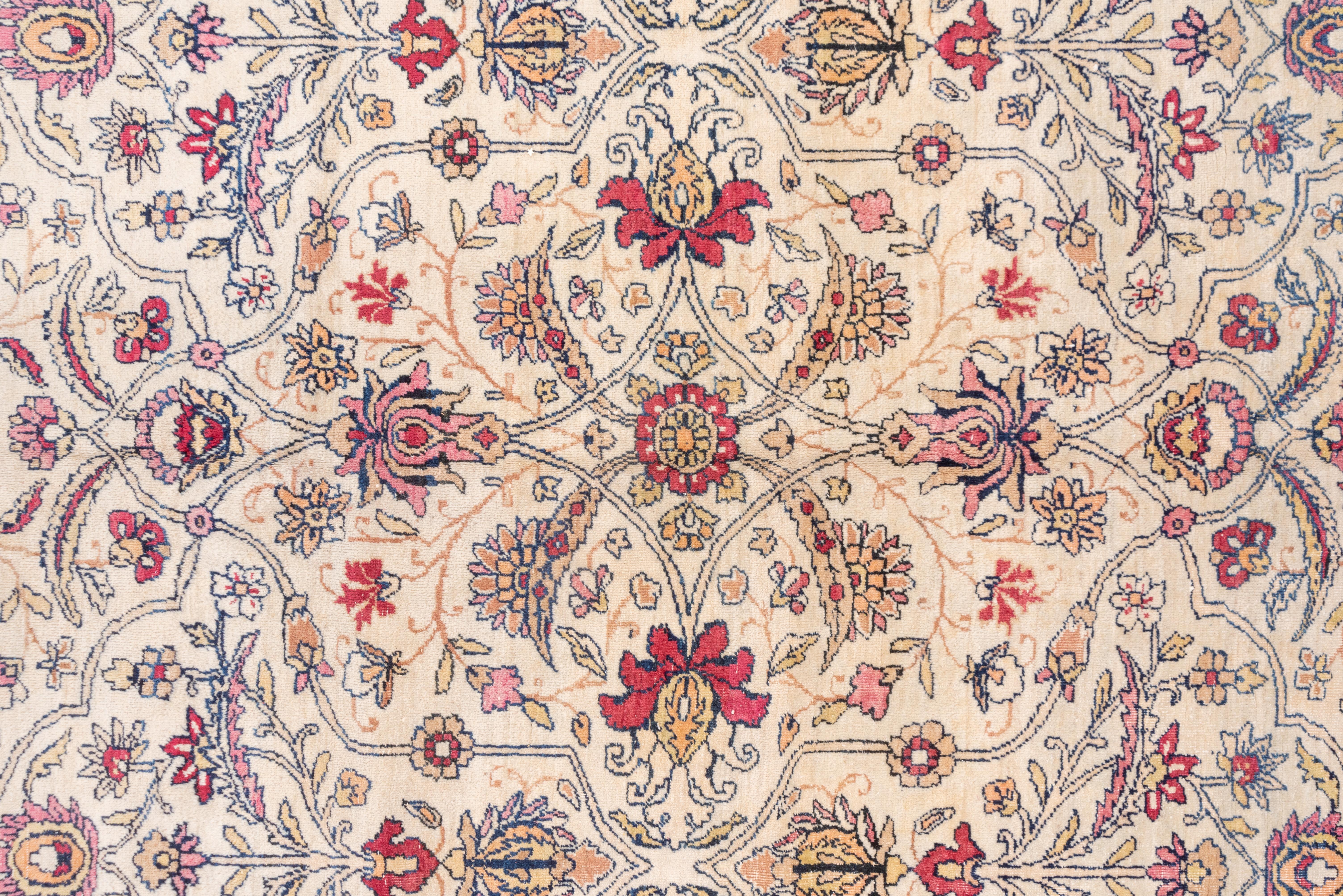 Kirman Antique Persian Lavar Kerman Carpet, Ecru All-Over Field, Red Pink Borders For Sale