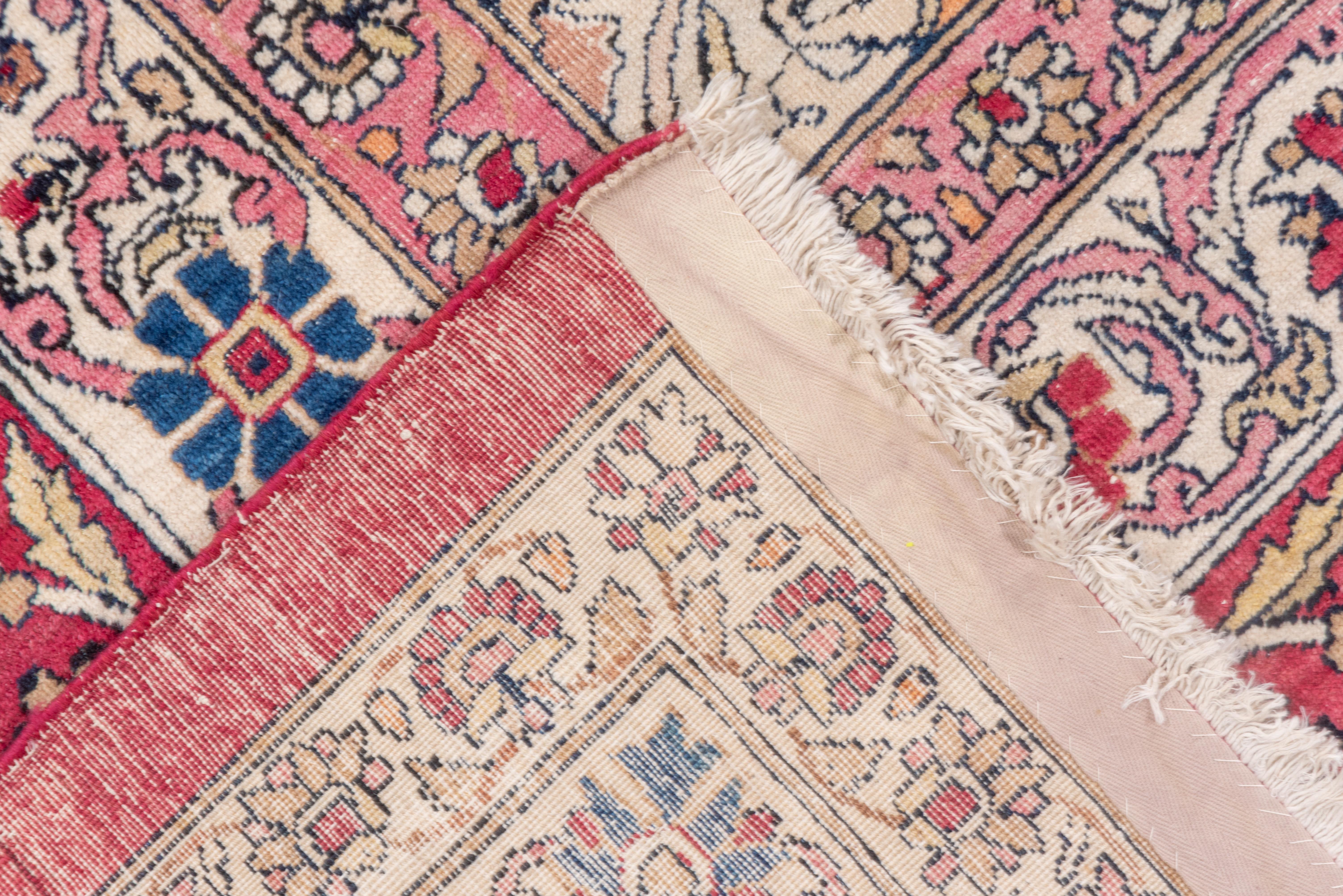Late 19th Century Antique Persian Lavar Kerman Carpet, Ecru All-Over Field, Red Pink Borders For Sale