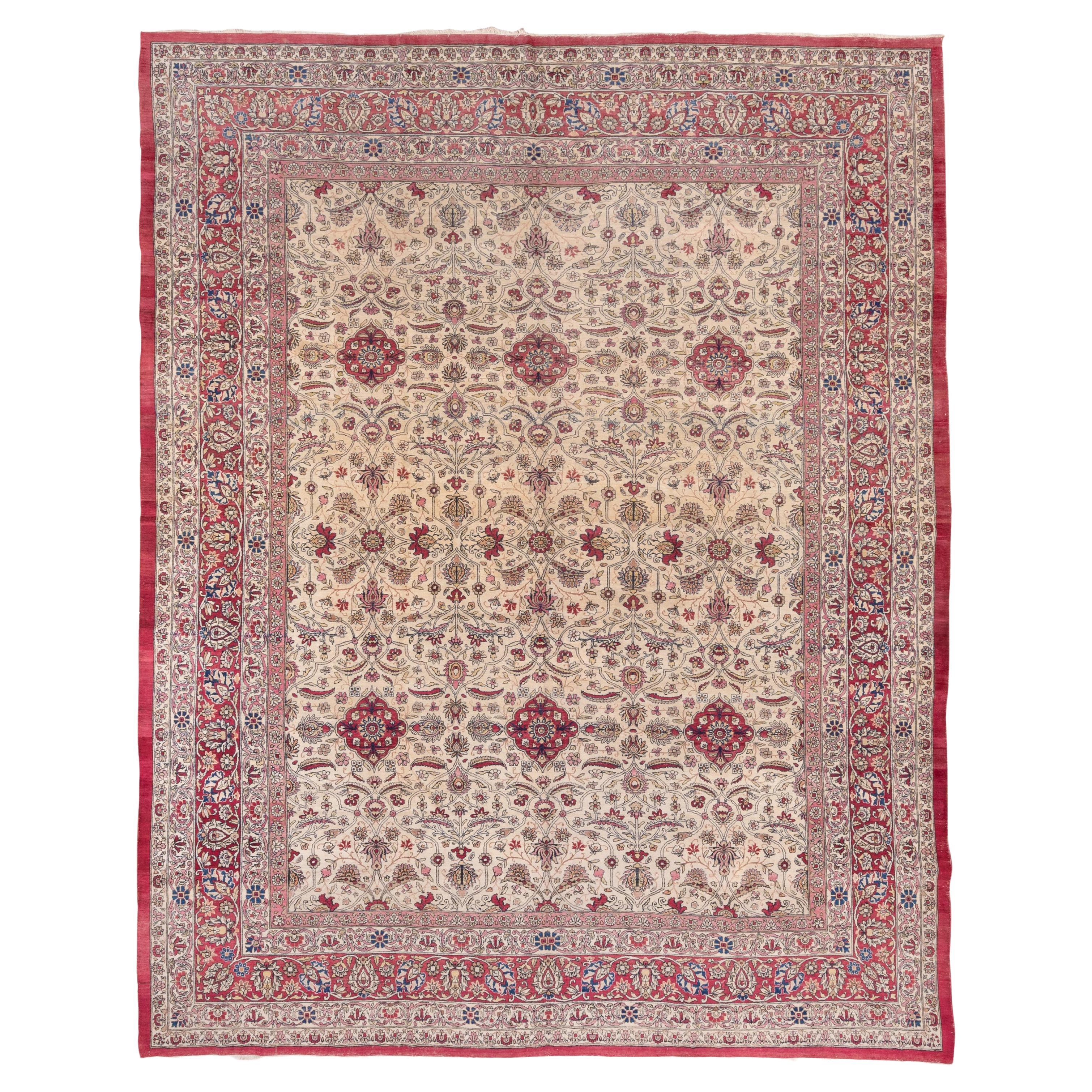 Antique Persian Lavar Kerman Carpet, Ecru All-Over Field, Red Pink Borders For Sale
