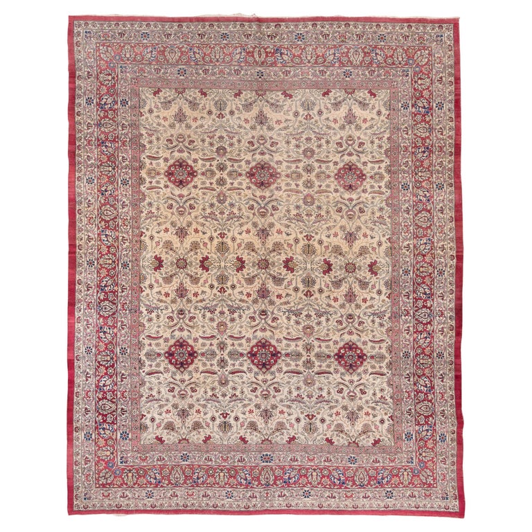 Antique Persian Lavar Kerman Carpet, Ecru All-Over Field, Red Pink ...