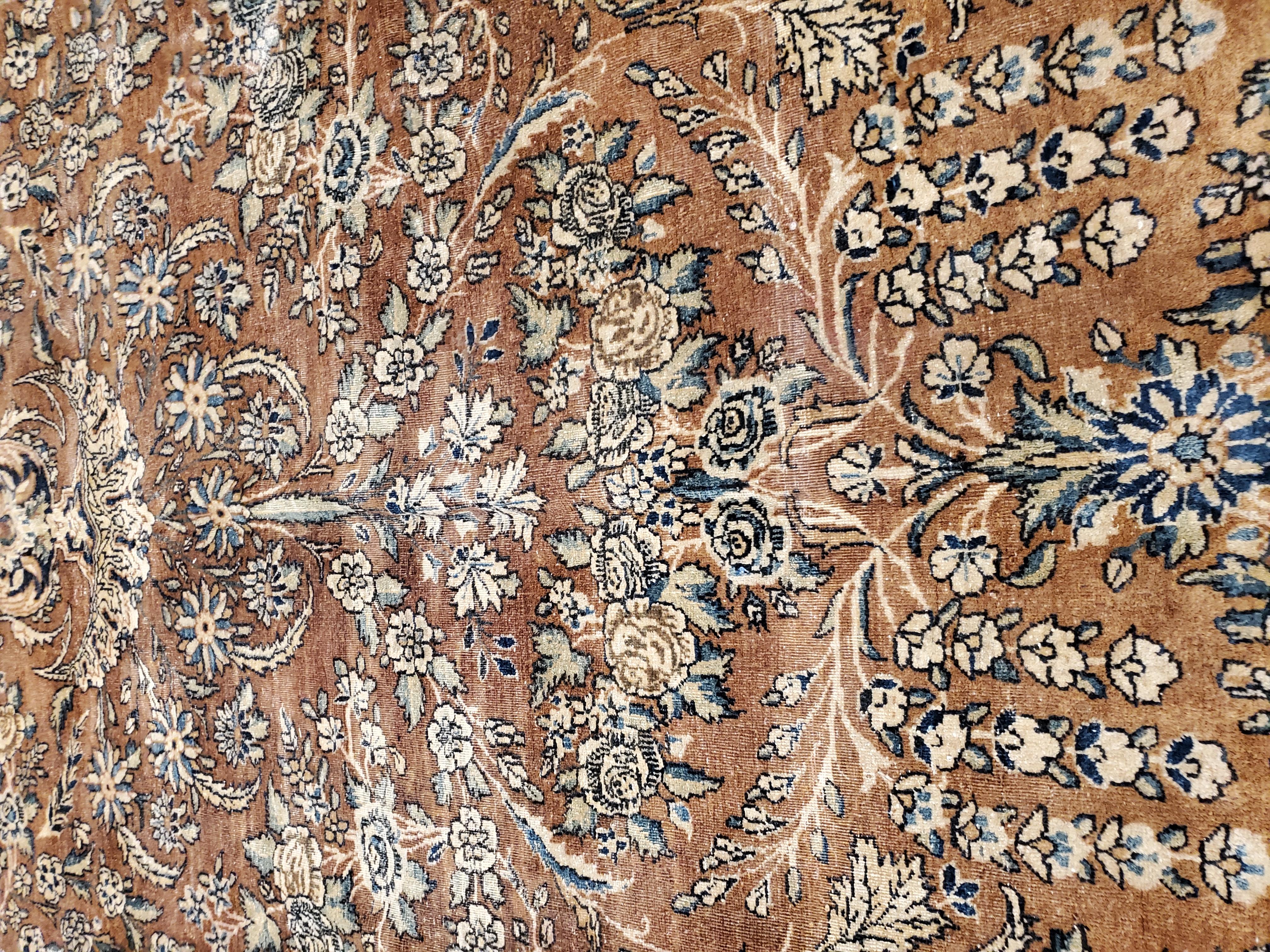 Antique Persian Lavar Kerman Carpet, Handmade Rug, Brown, Taupe, Light Blue Navy 7