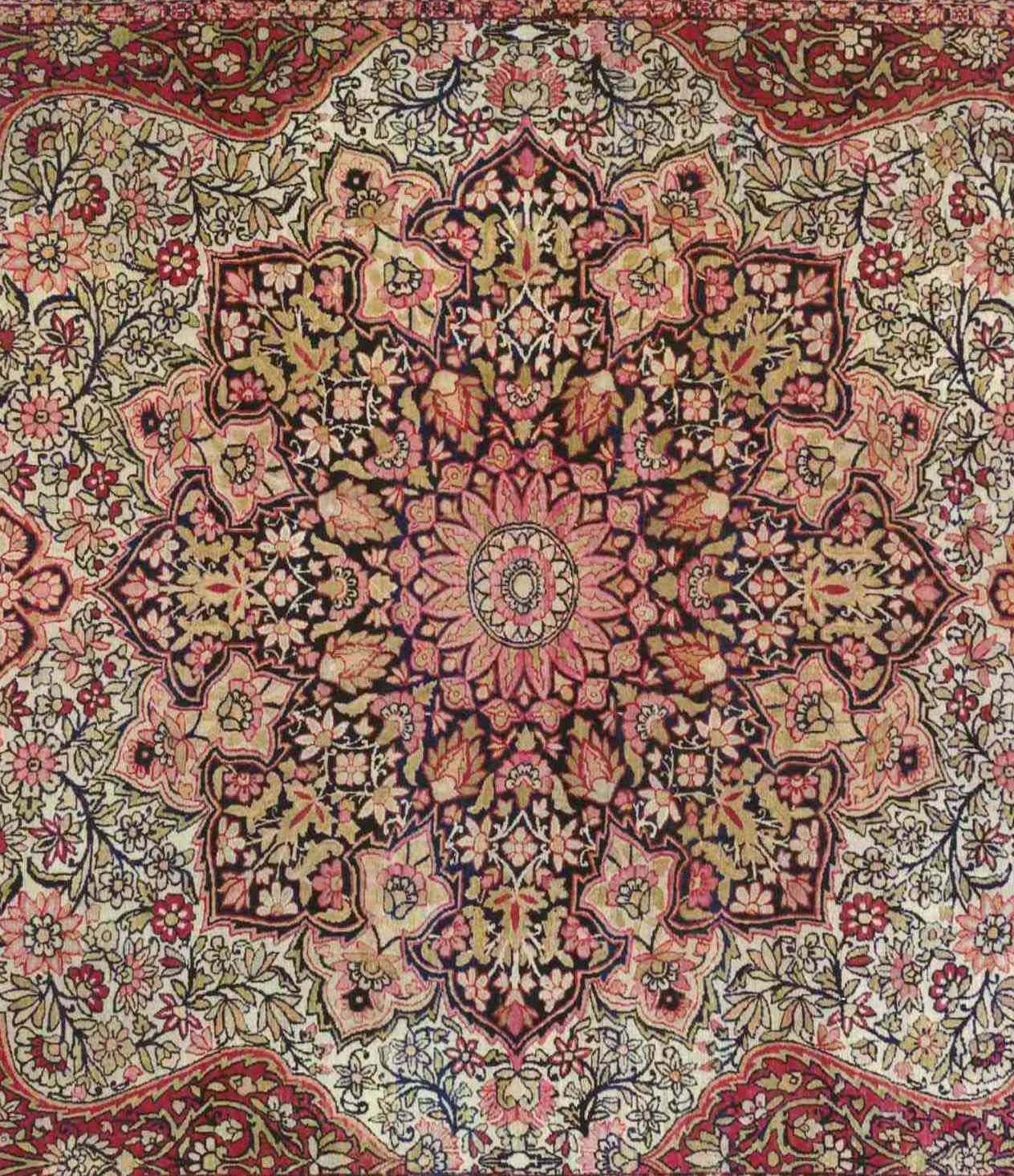 Hand-Knotted Antique Persian Lavar Kerman Carpet, in Room Size, with Medallion on Ivory Field For Sale