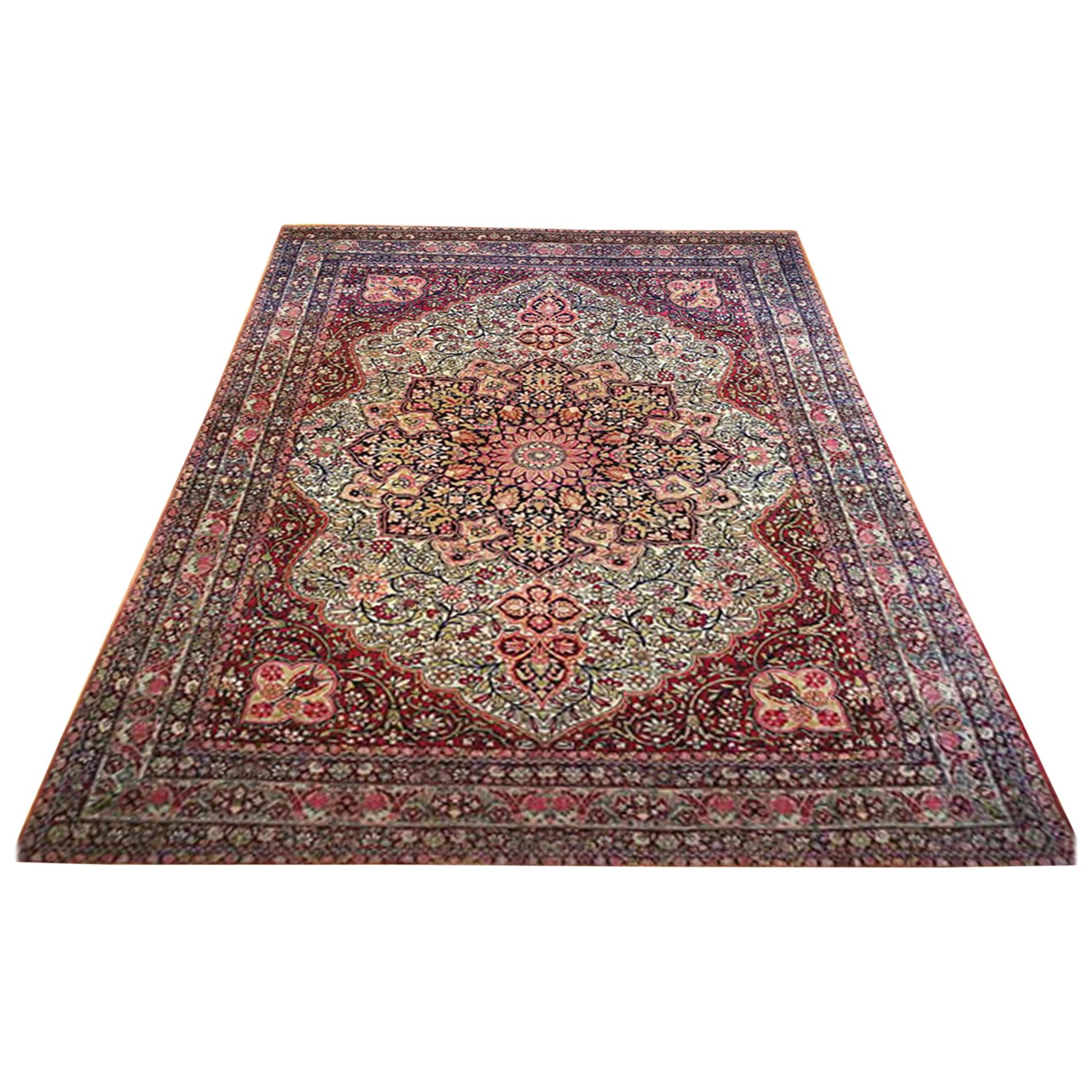 Antique Persian Lavar Kerman Carpet, in Room Size, with Medallion on Ivory Field For Sale