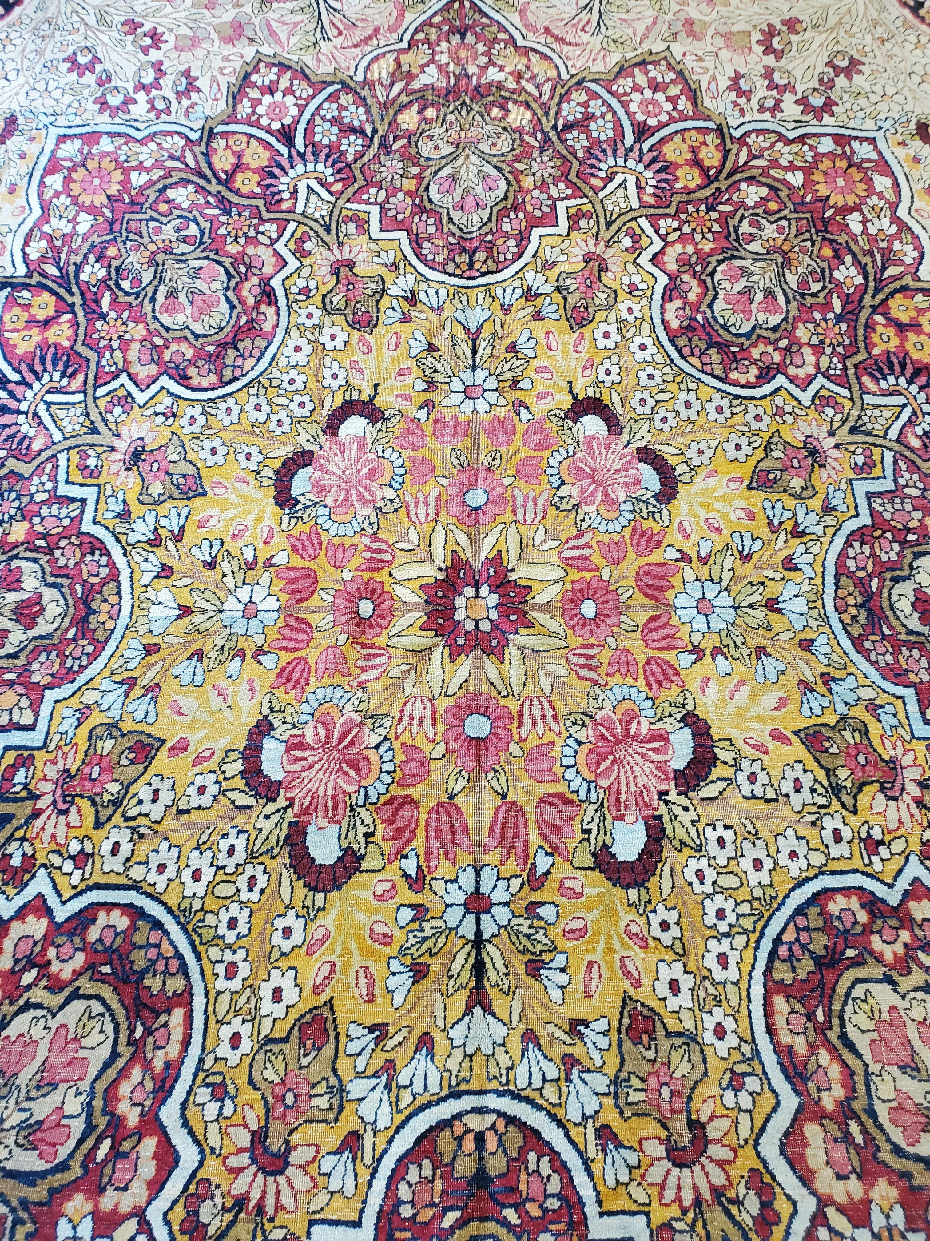 Antique Persian Lavar Kerman Carpet, Traditional, Soft, Gold, Ivory, Blue, Green For Sale 5