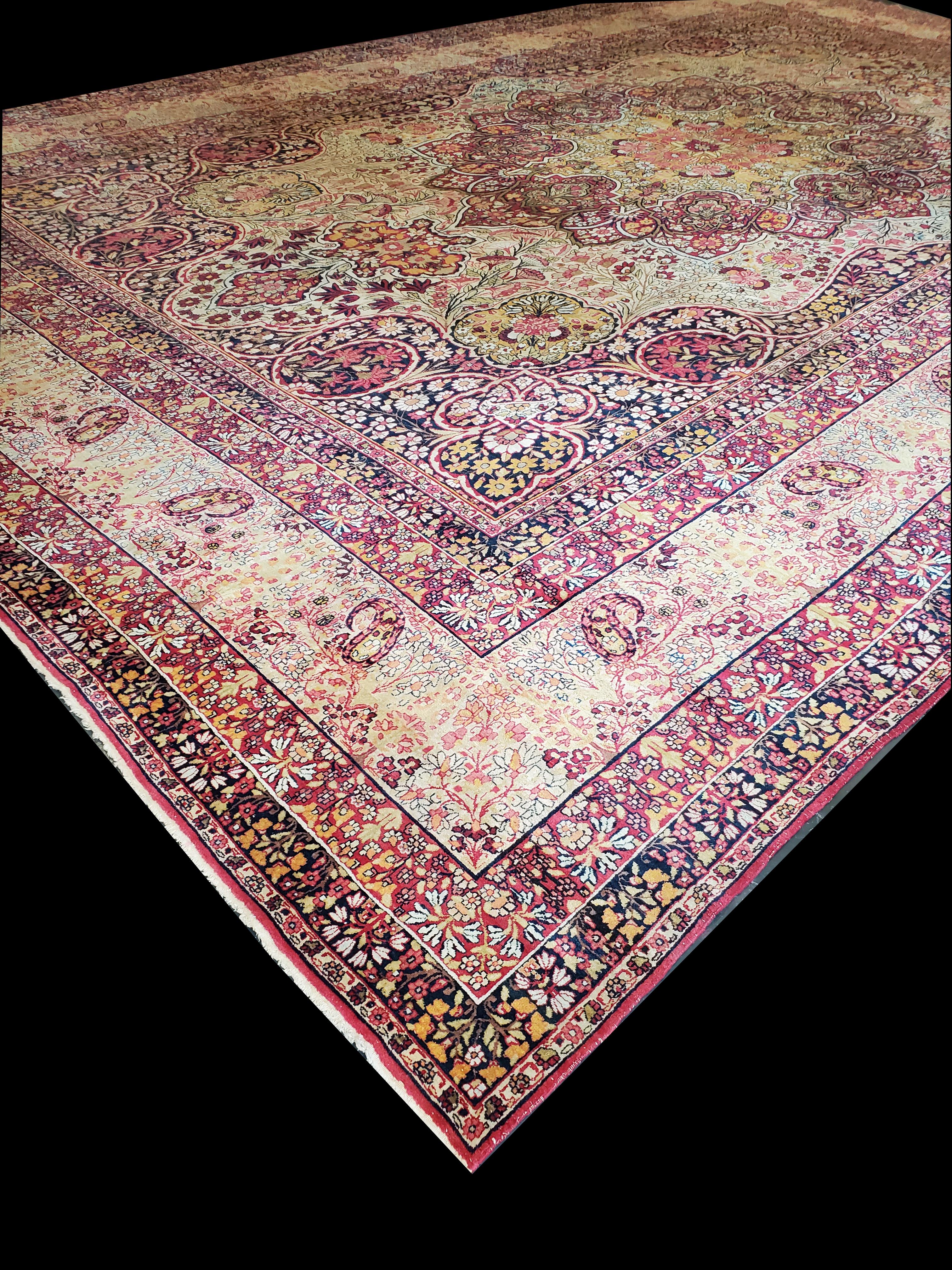 Antique Persian Lavar Kerman Carpet, Traditional, Soft, Gold, Ivory, Blue, Green For Sale 14