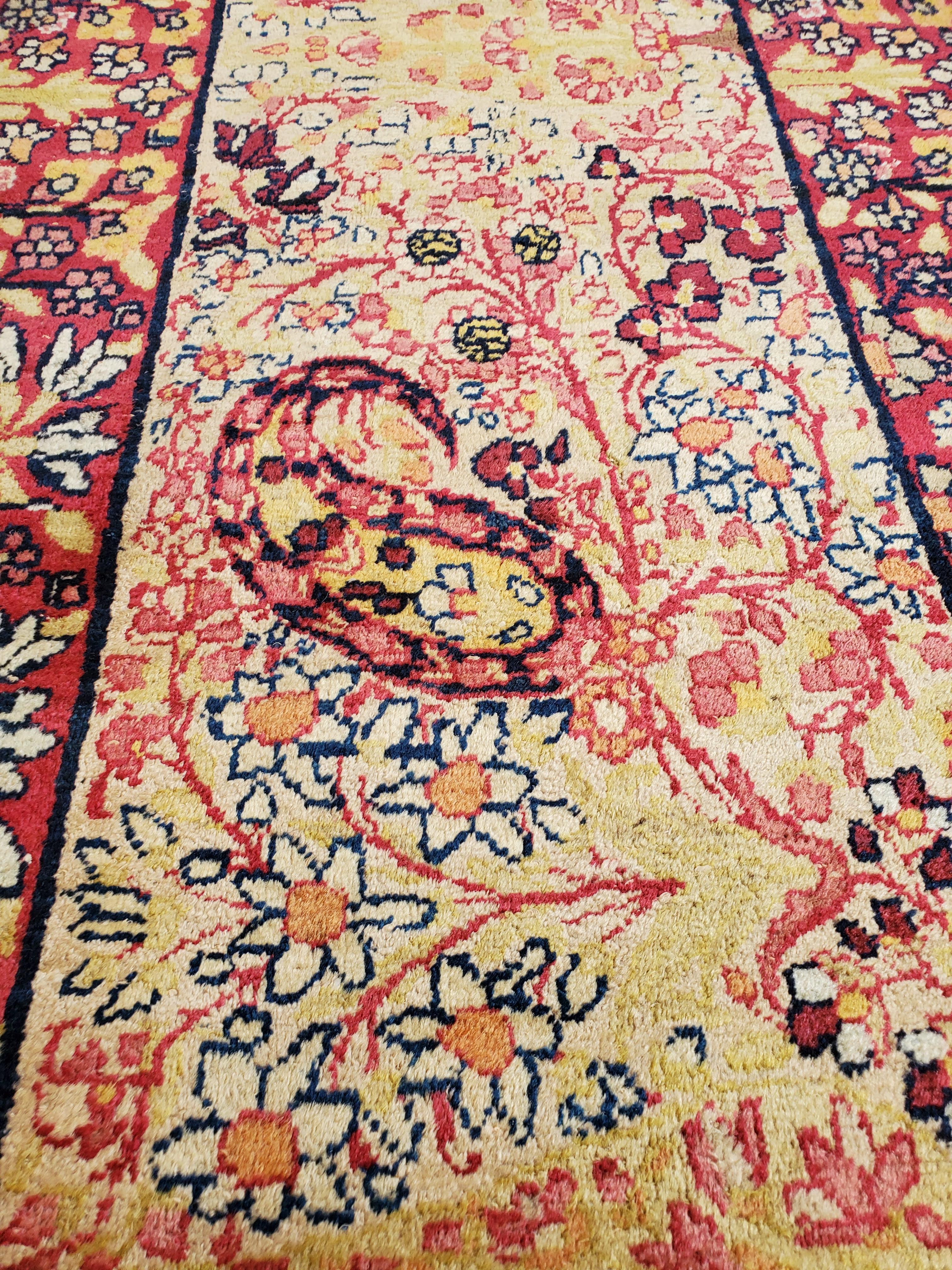 Hand-Knotted Antique Persian Lavar Kerman Carpet, Traditional, Soft, Gold, Ivory, Blue, Green For Sale
