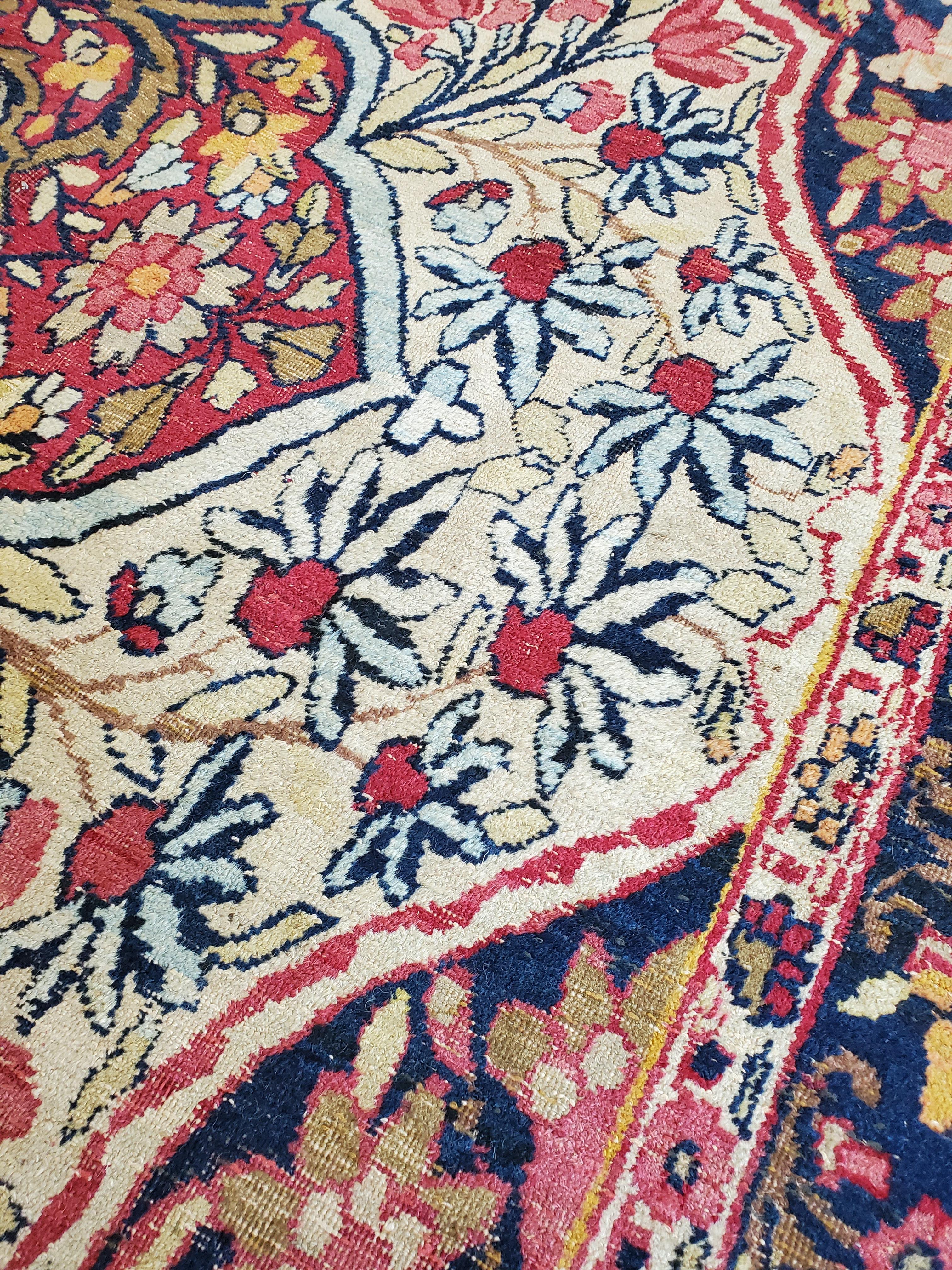 19th Century Antique Persian Lavar Kerman Carpet, Traditional, Soft, Gold, Ivory, Blue, Green For Sale