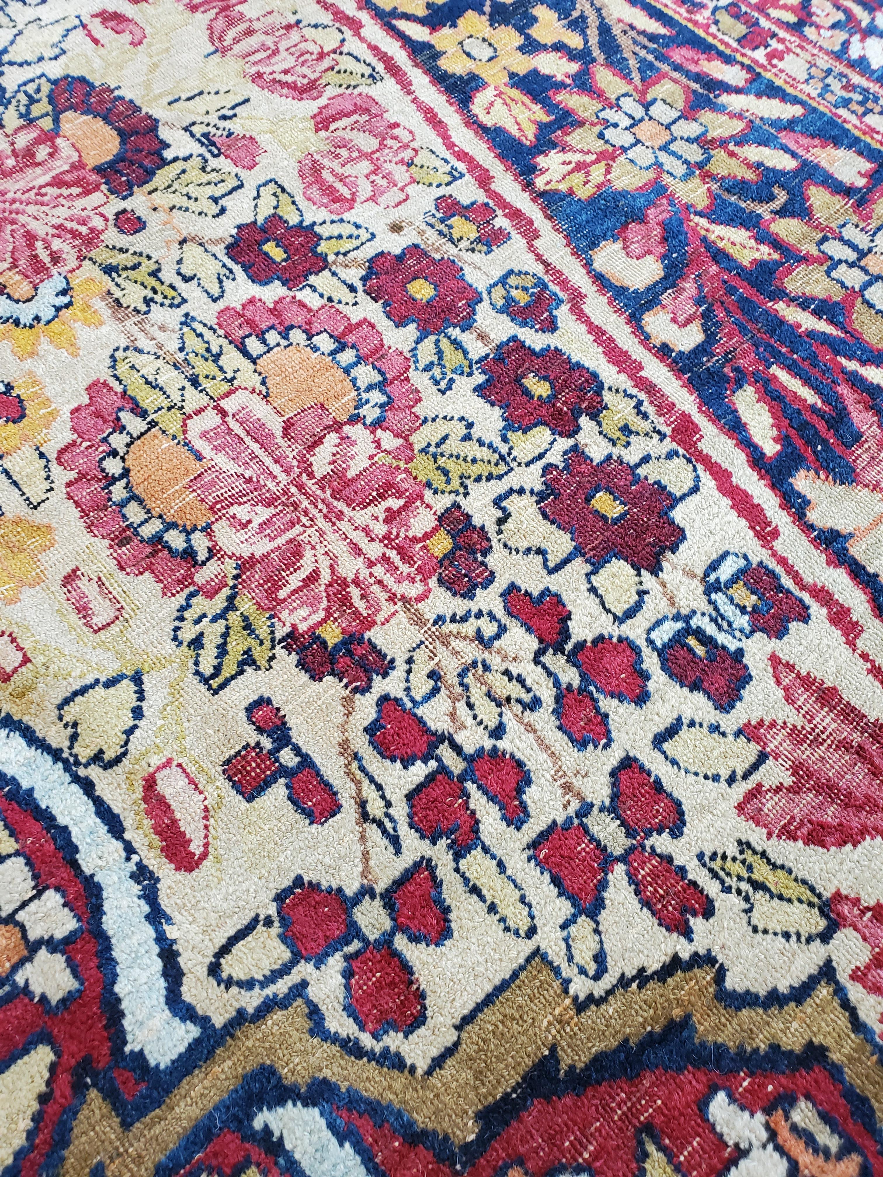 Wool Antique Persian Lavar Kerman Carpet, Traditional, Soft, Gold, Ivory, Blue, Green For Sale