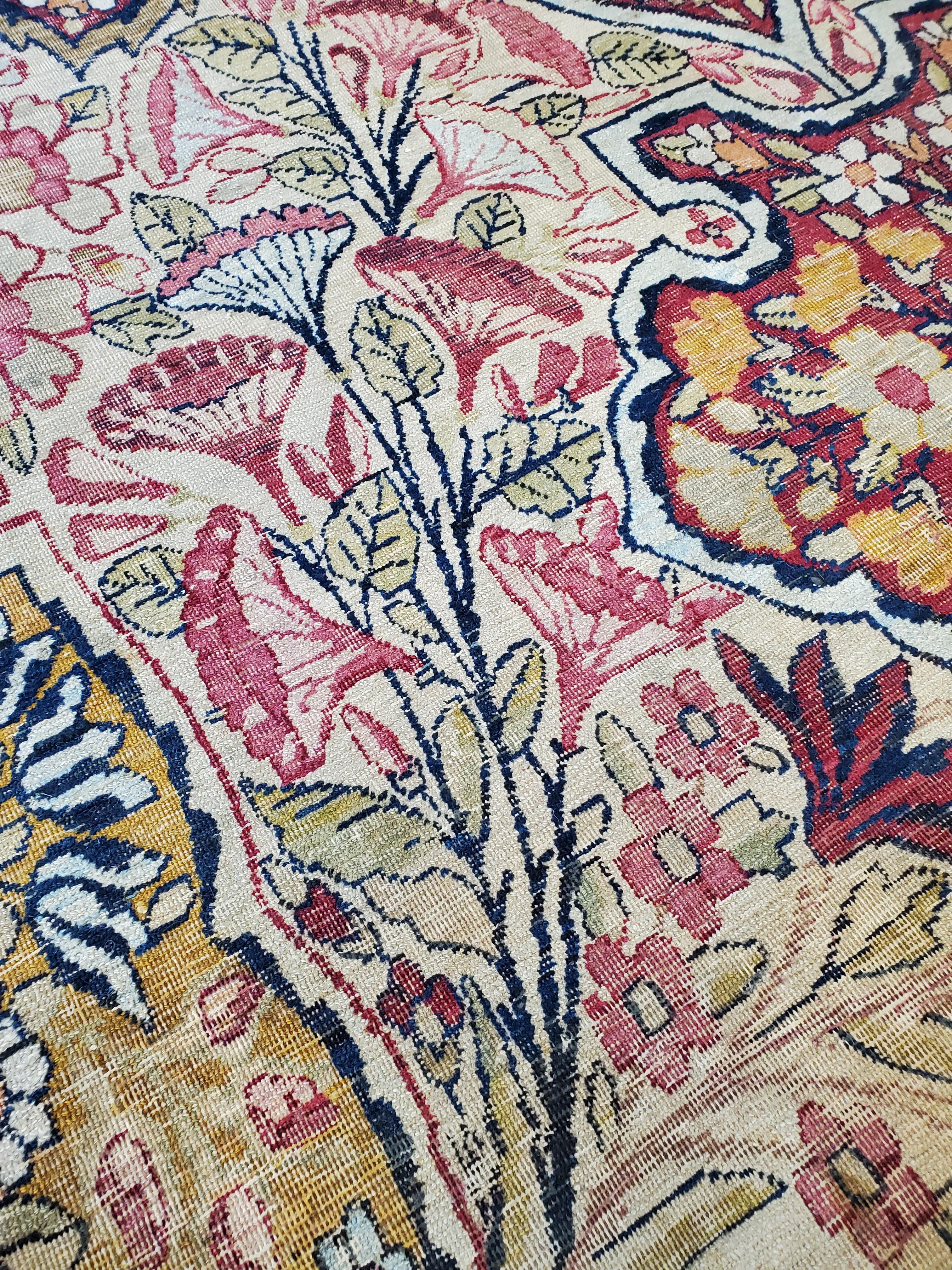 Antique Persian Lavar Kerman Carpet, Traditional, Soft, Gold, Ivory, Blue, Green For Sale 2