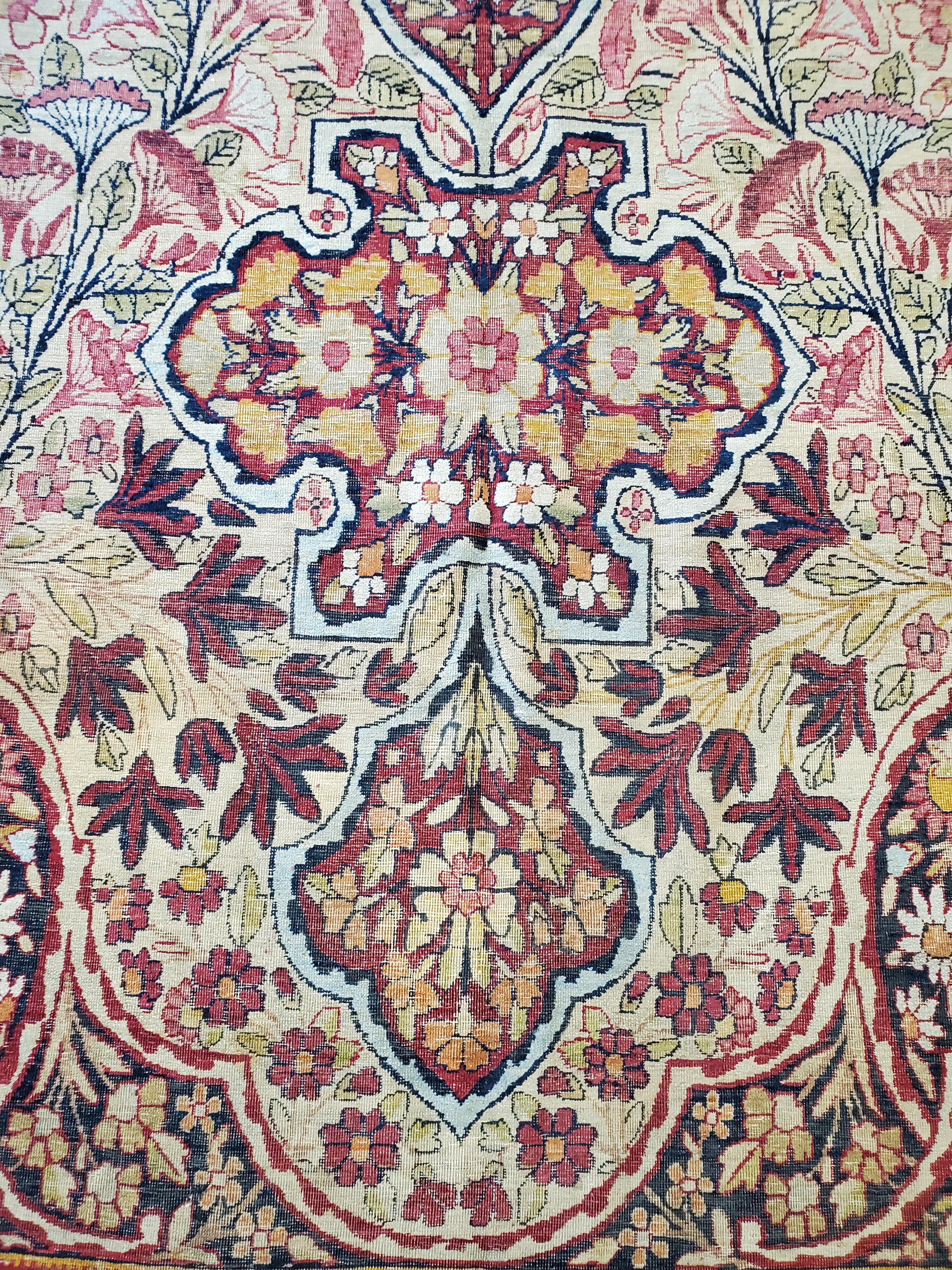 Antique Persian Lavar Kerman Carpet, Traditional, Soft, Gold, Ivory, Blue, Green For Sale 3