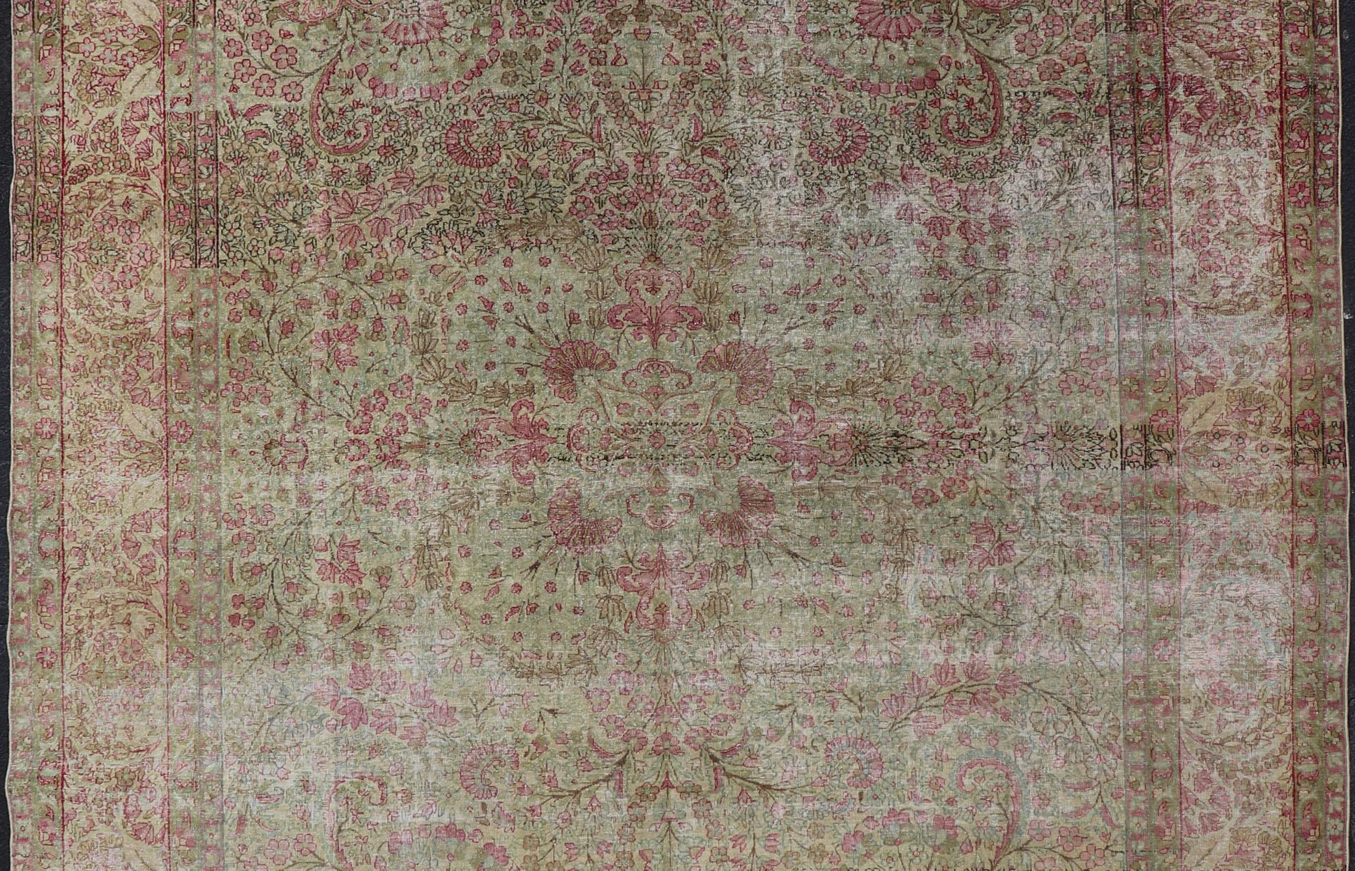Hand-Knotted Antique Persian Lavar Kerman Distressed Rug with Multicolored Floral Motifs For Sale