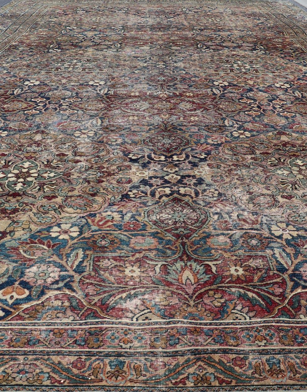 Hand-Knotted Antique Persian Lavar Kerman Large Gallery Rug with All-Over Floral Design For Sale