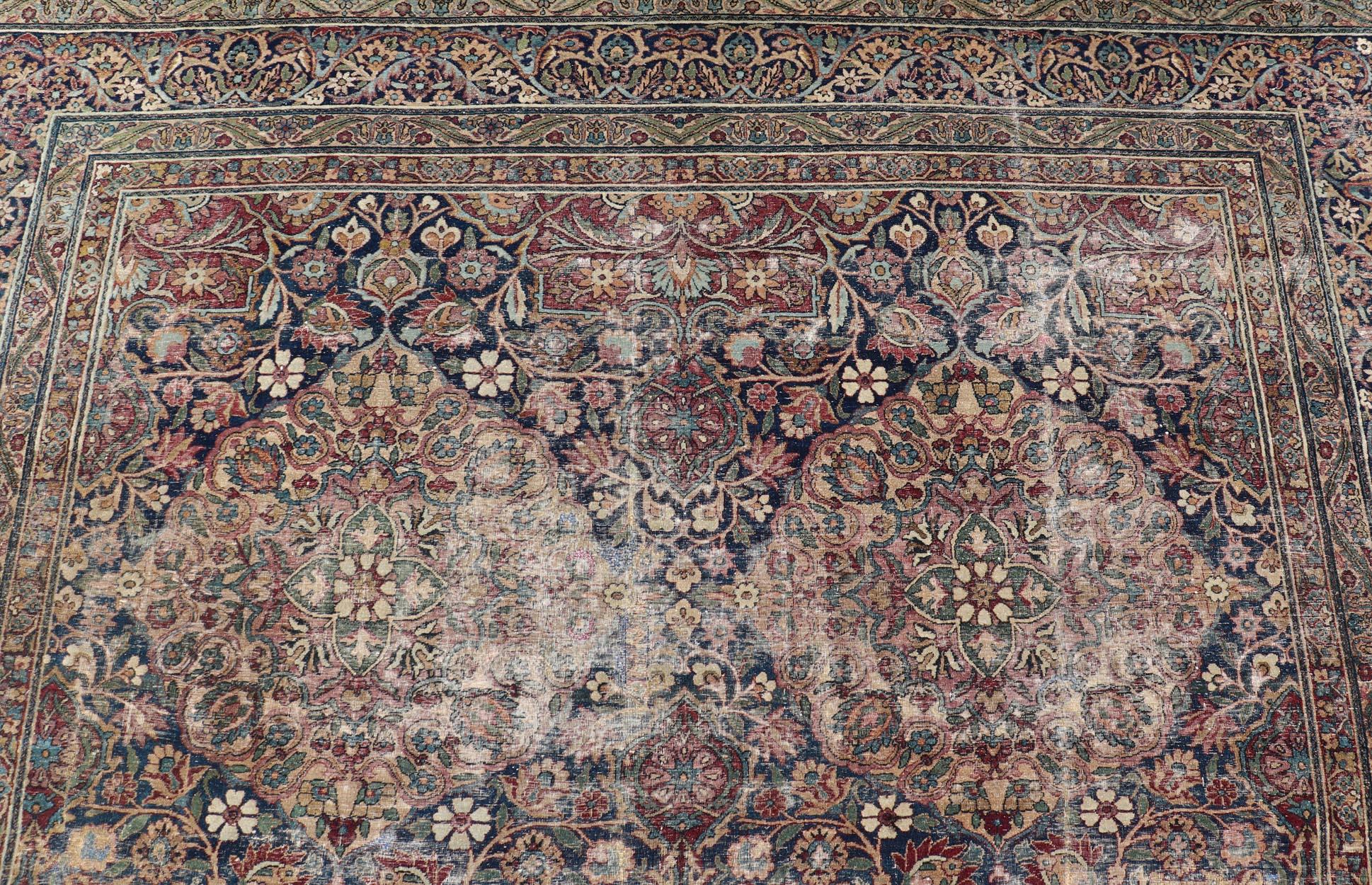 Wool Antique Persian Lavar Kerman Large Gallery Rug with All-Over Floral Design For Sale