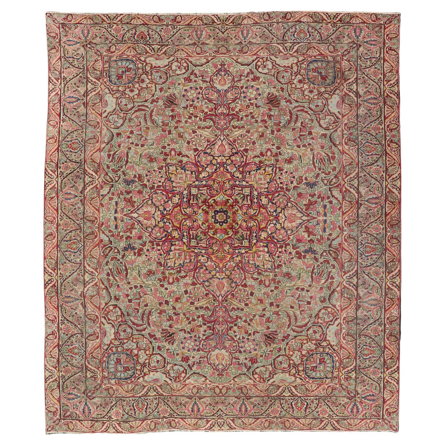 Antique Persian Lavar Kerman Medallion Rug With Intricate Design  For Sale