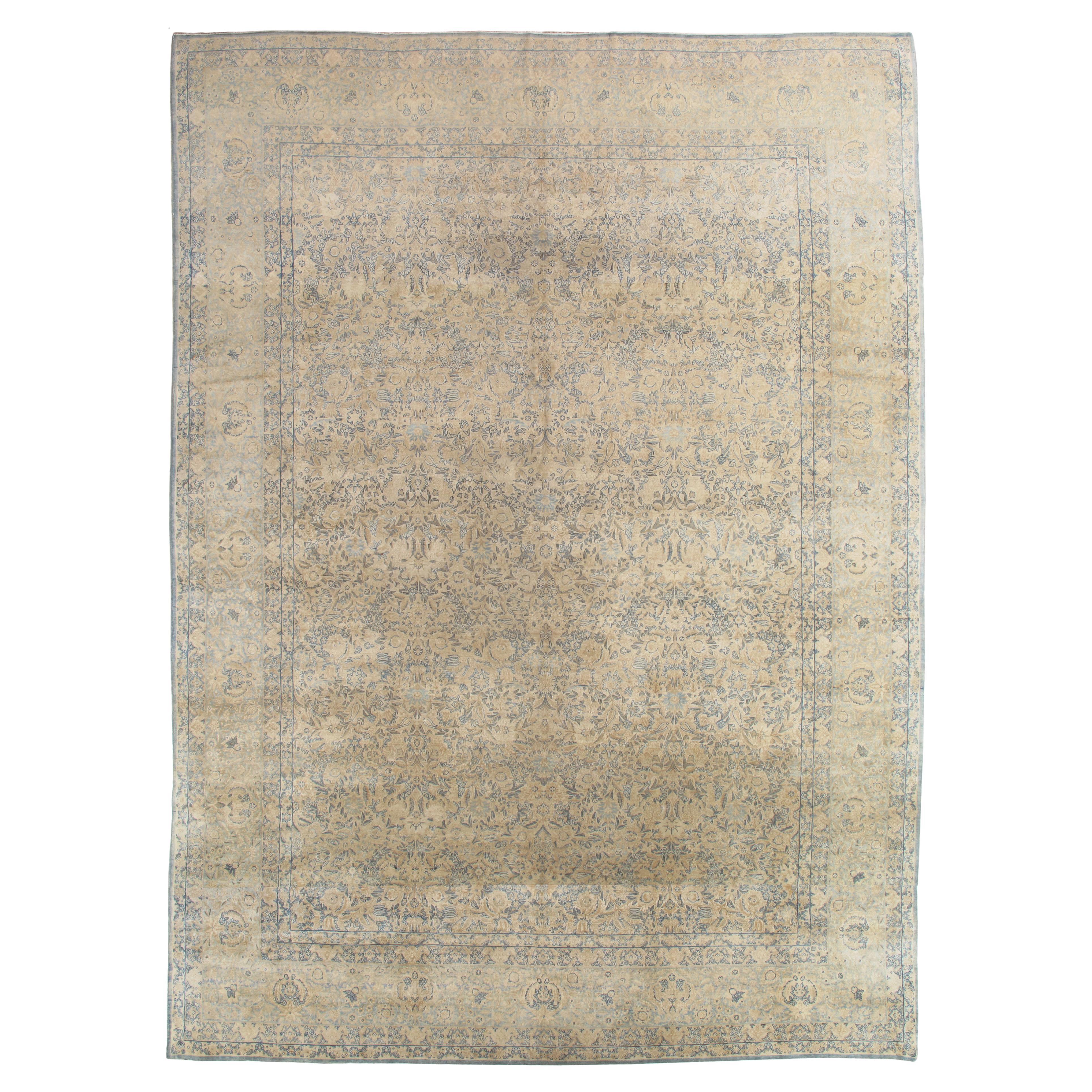 Antique Persian Lavar Kerman Oriental Carpet, Handmade Persian Rug, Ivory, Blue