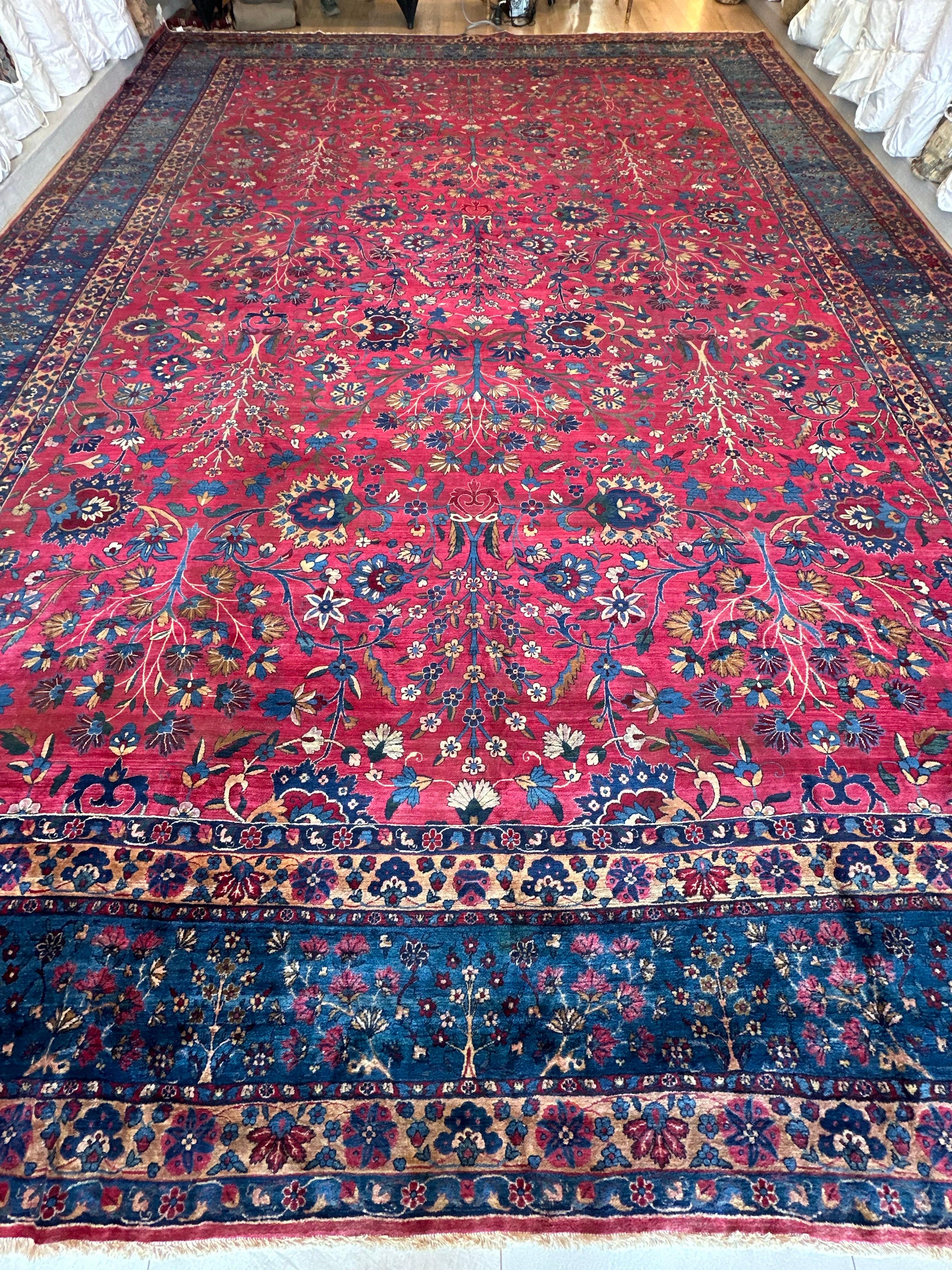 Tapis oriental persan ancien Lavar Kerman, fait à la main, rouge, ivoire, bleu clair en vente 5