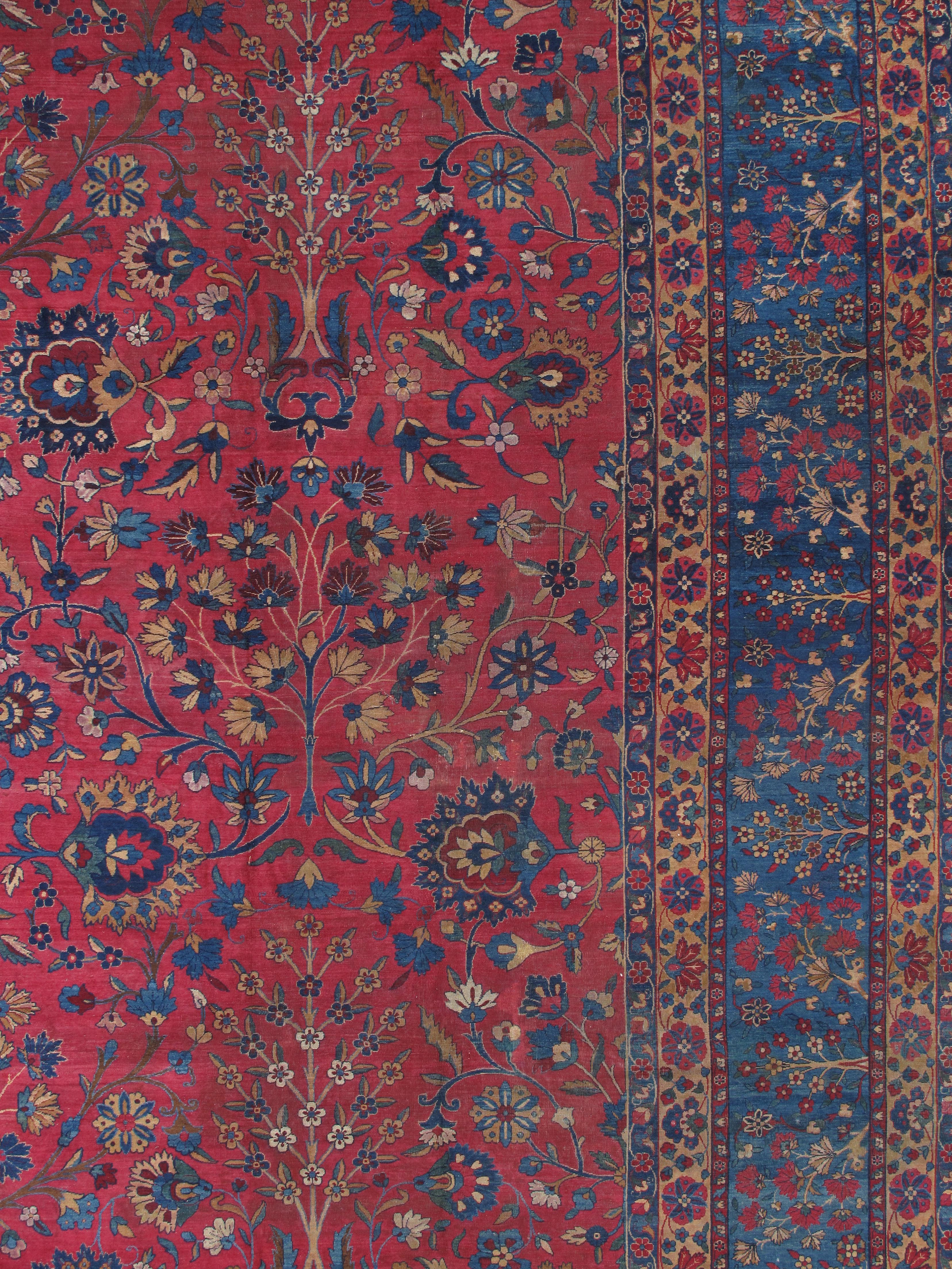 Kashan Tapis oriental persan ancien Lavar Kerman, fait à la main, rouge, ivoire, bleu clair en vente