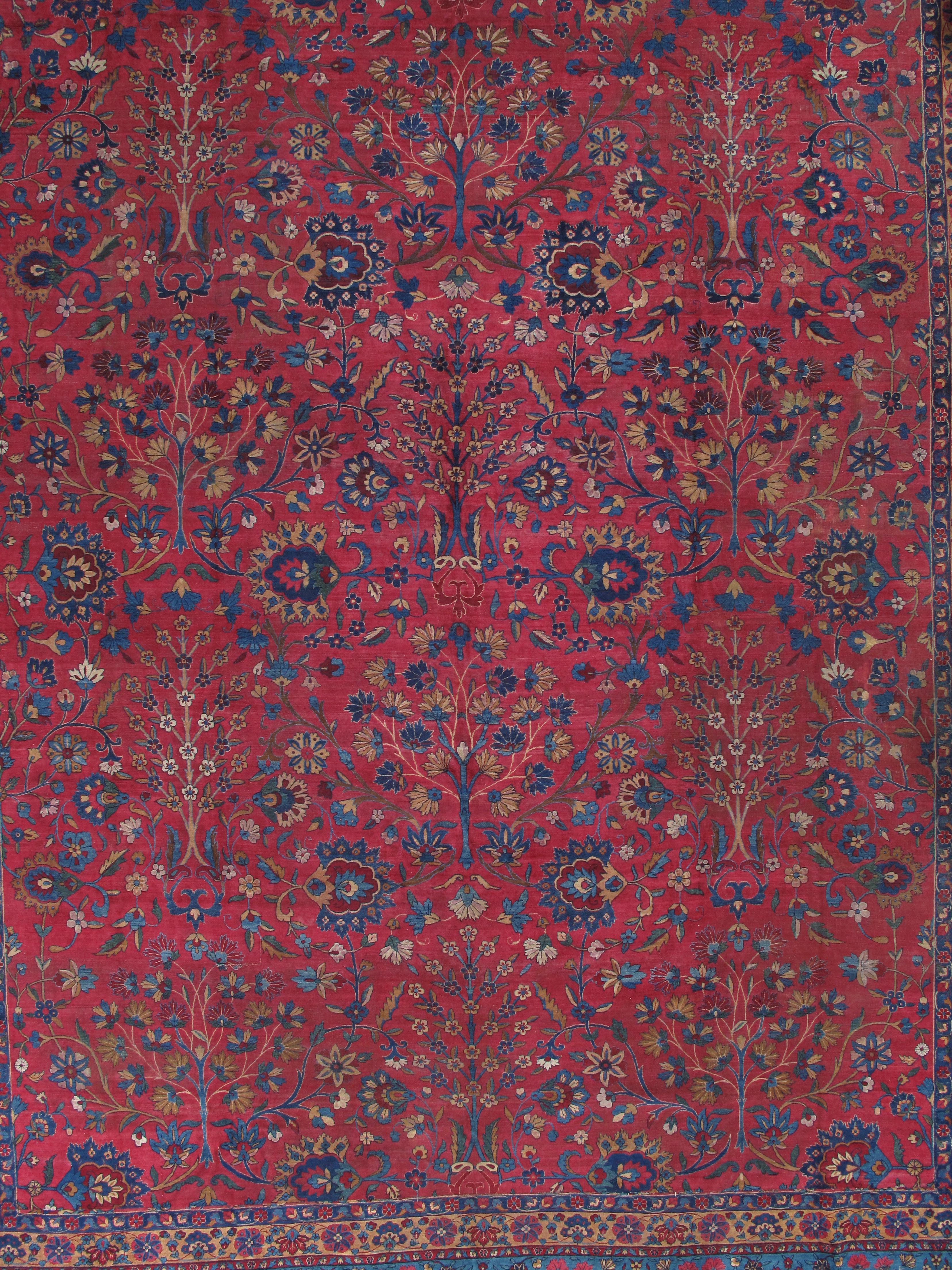 Laine Tapis oriental persan ancien Lavar Kerman, fait à la main, rouge, ivoire, bleu clair en vente