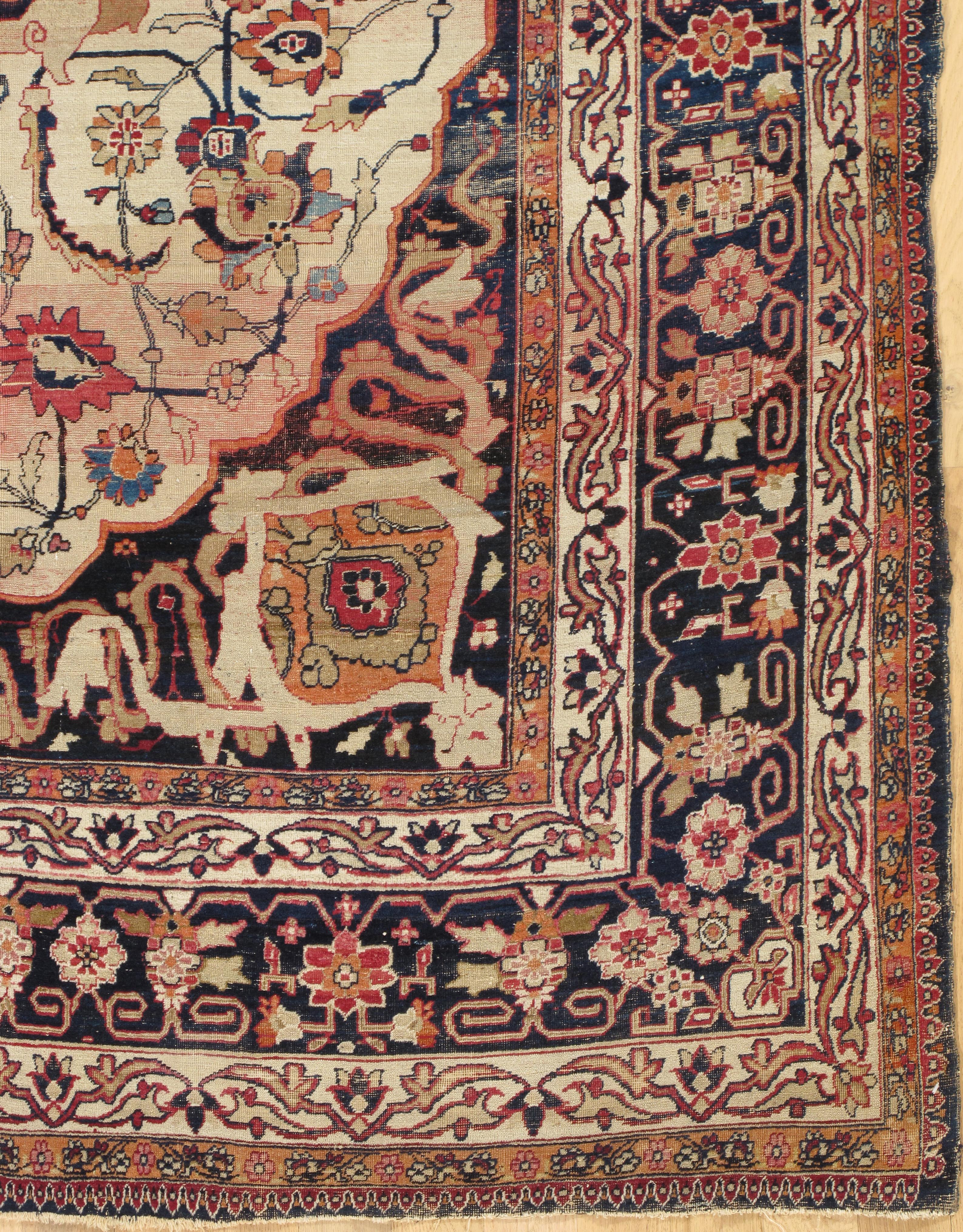Antique Persian Lavar Kerman Oriental Carpet, Handmade, White, Navy, Jewel Tone For Sale 3