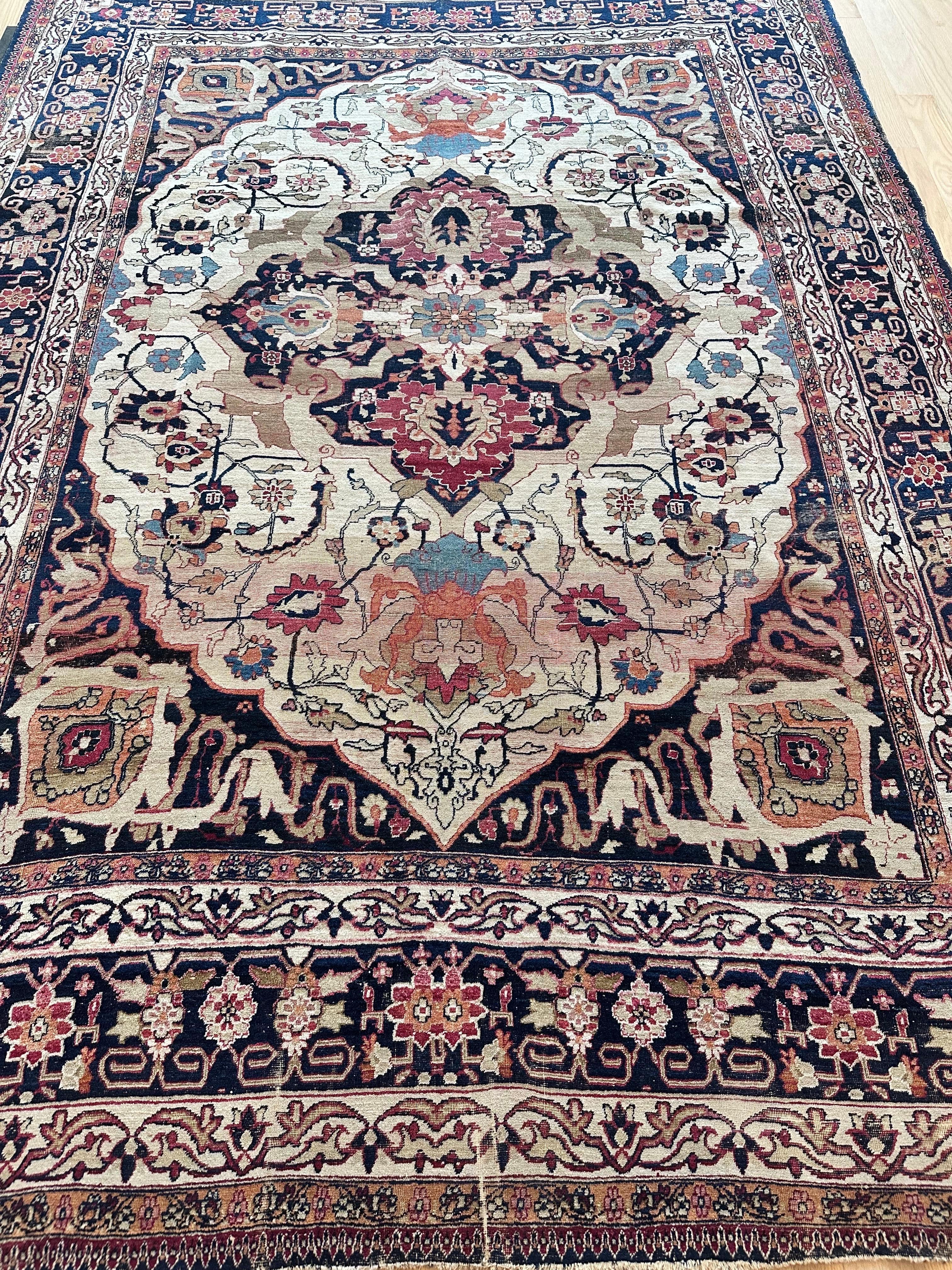 Antique Persian Lavar Kerman Oriental Carpet, Handmade, White, Navy, Jewel Tone For Sale 4