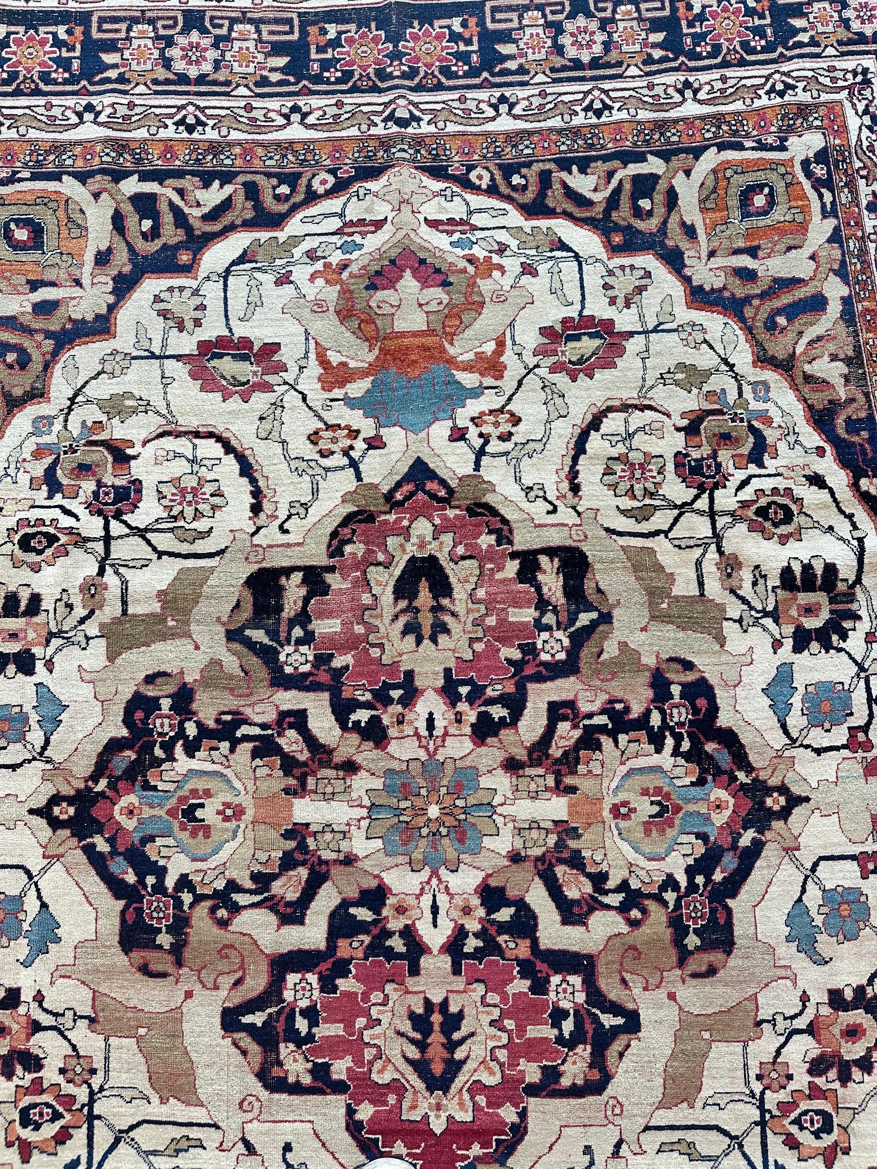 Antique Persian Lavar Kerman Oriental Carpet, Handmade, White, Navy, Jewel Tone For Sale 5