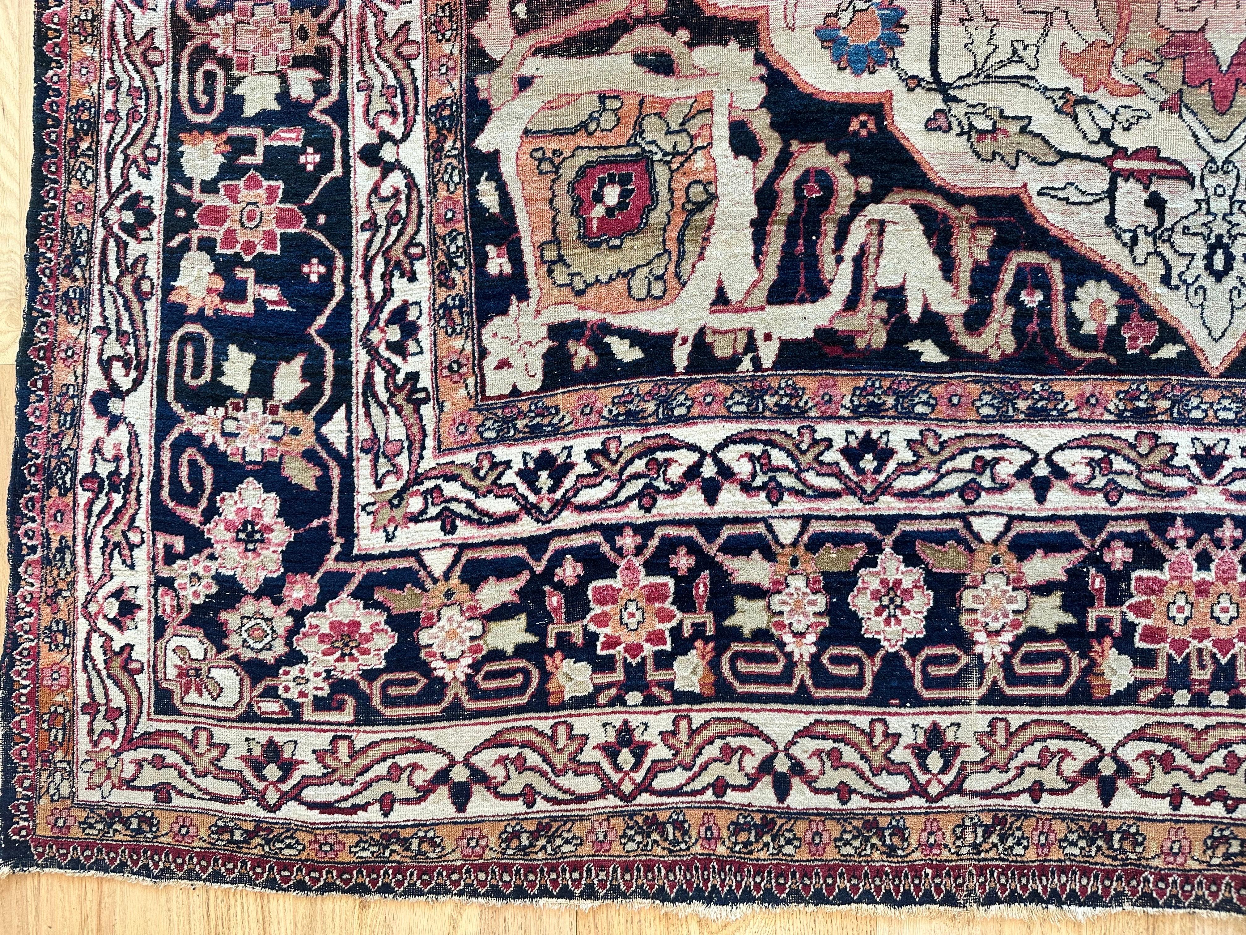 Antique Persian Lavar Kerman Oriental Carpet, Handmade, White, Navy, Jewel Tone For Sale 6
