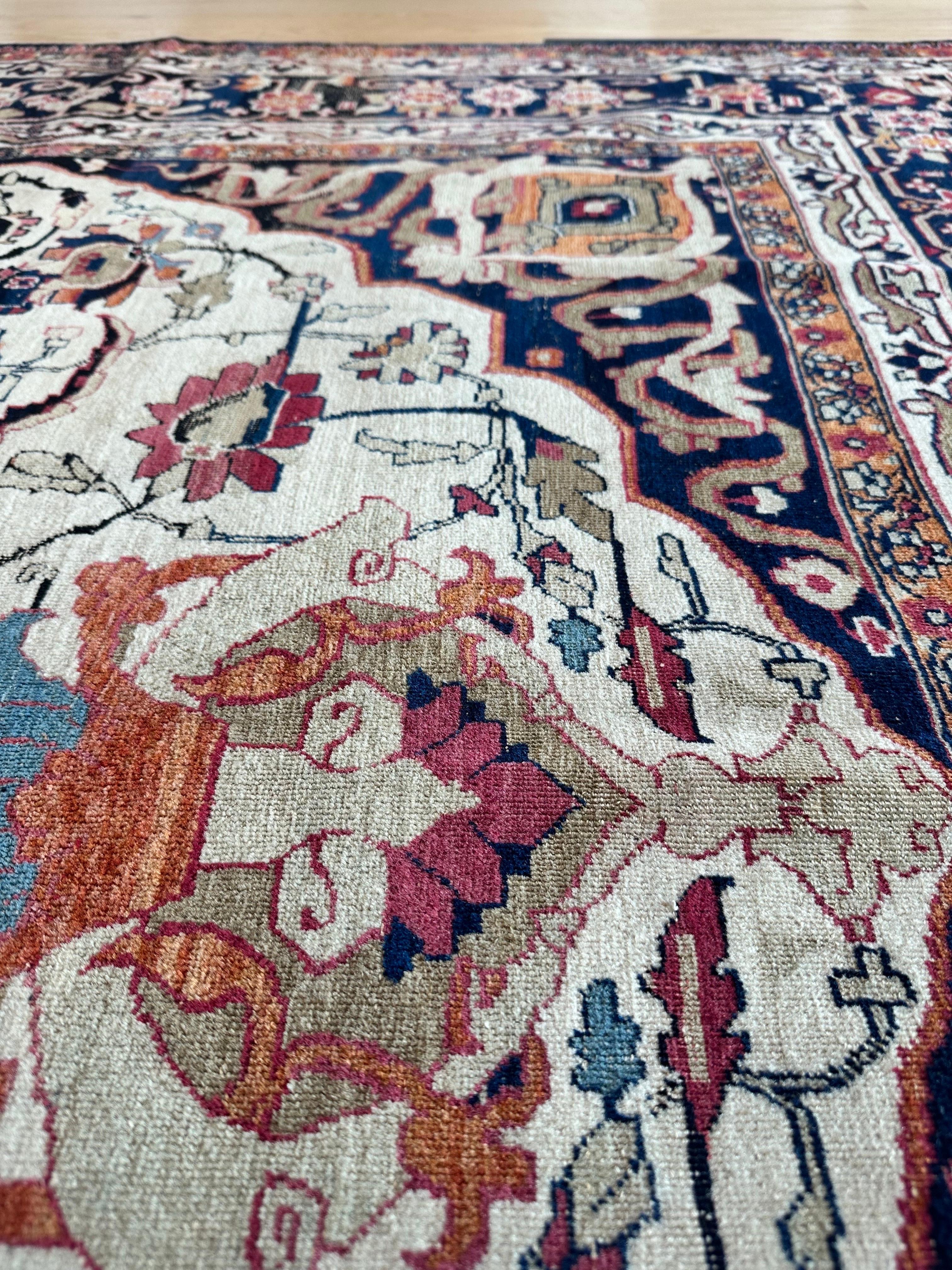 Antique Persian Lavar Kerman Oriental Carpet, Handmade, White, Navy, Jewel Tone For Sale 7