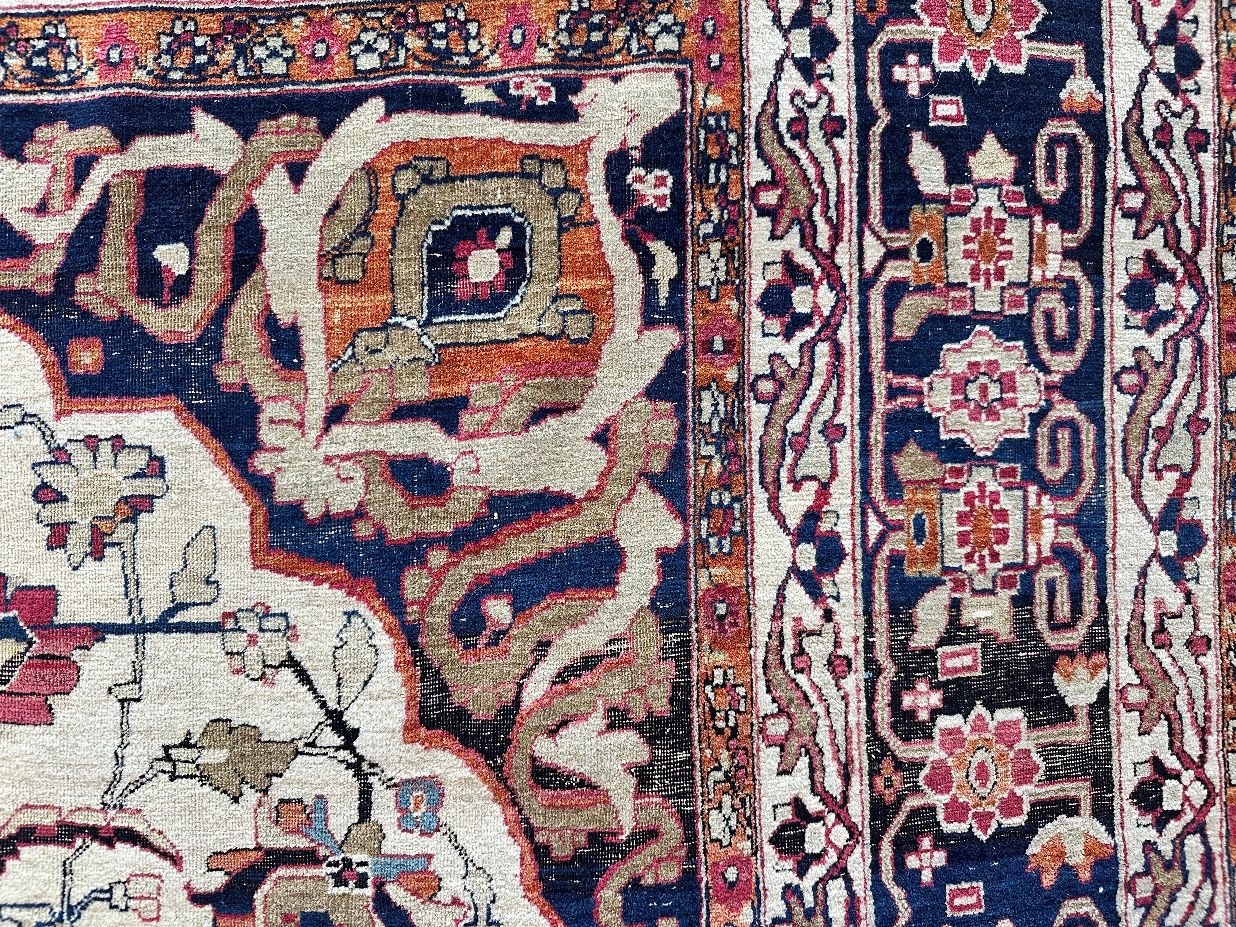 Antique Persian Lavar Kerman Oriental Carpet, Handmade, White, Navy, Jewel Tone For Sale 8
