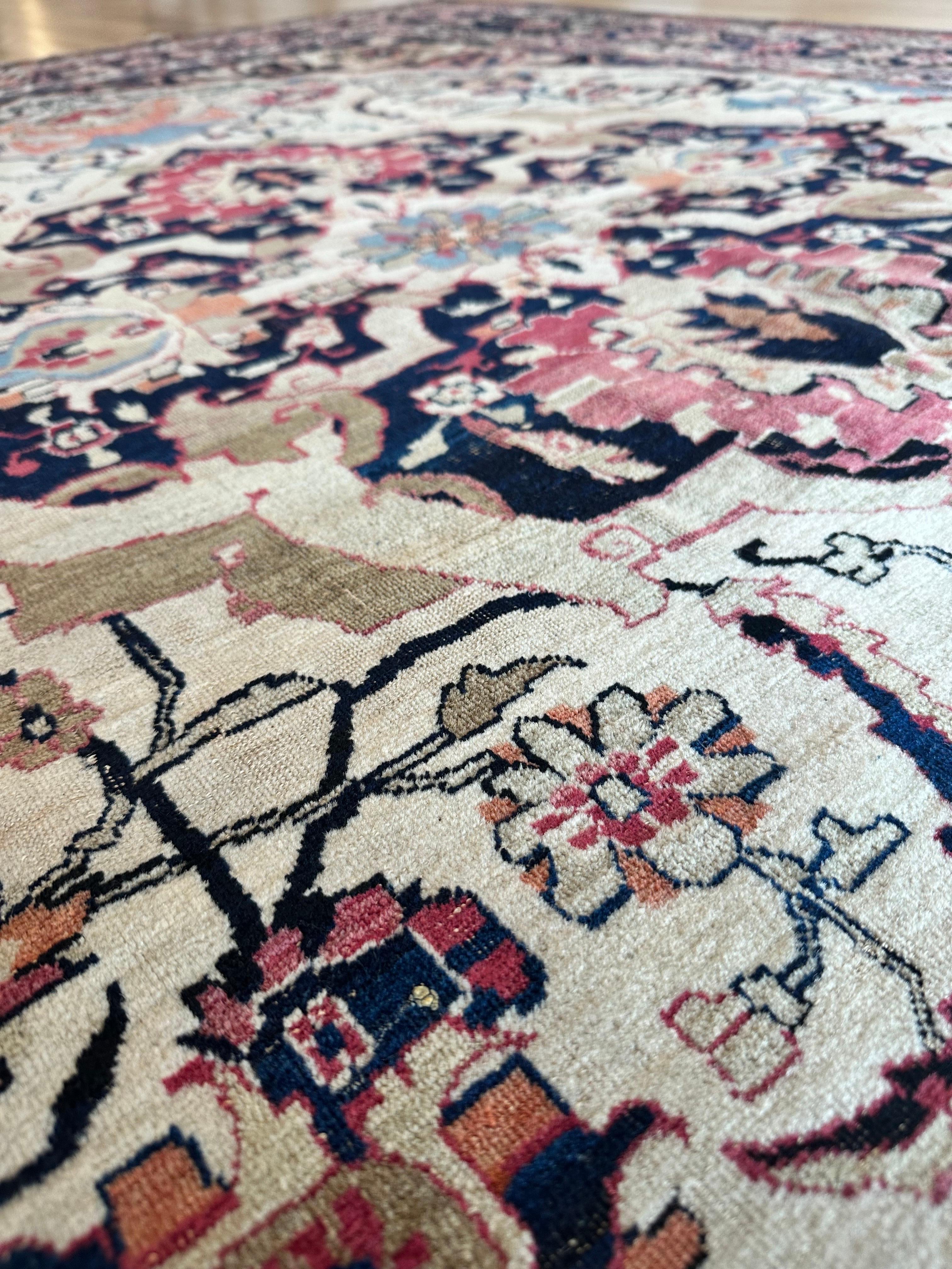 Antique Persian Lavar Kerman Oriental Carpet, Handmade, White, Navy, Jewel Tone For Sale 9