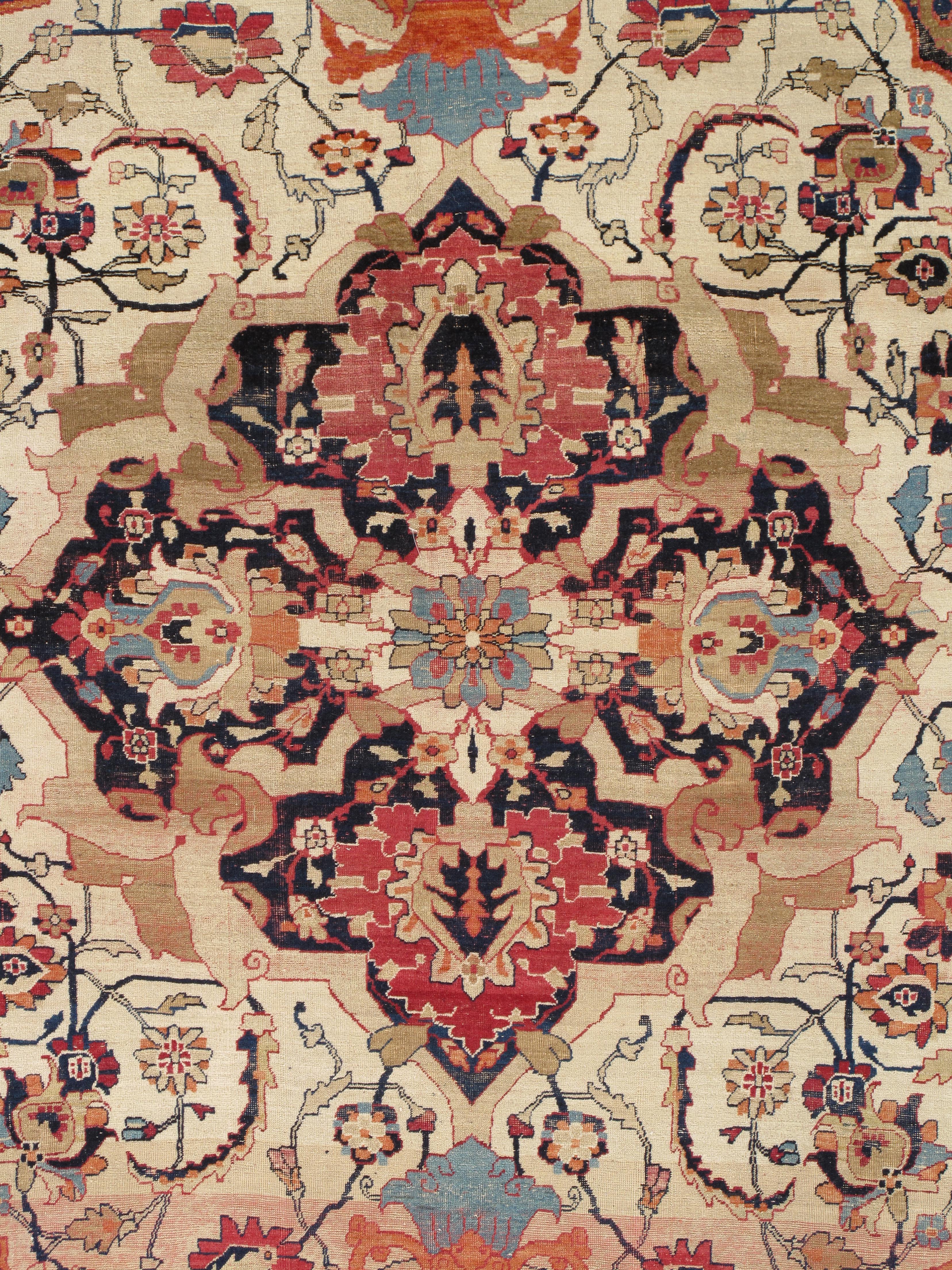 Kirman Antique Persian Lavar Kerman Oriental Carpet, Handmade, White, Navy, Jewel Tone For Sale