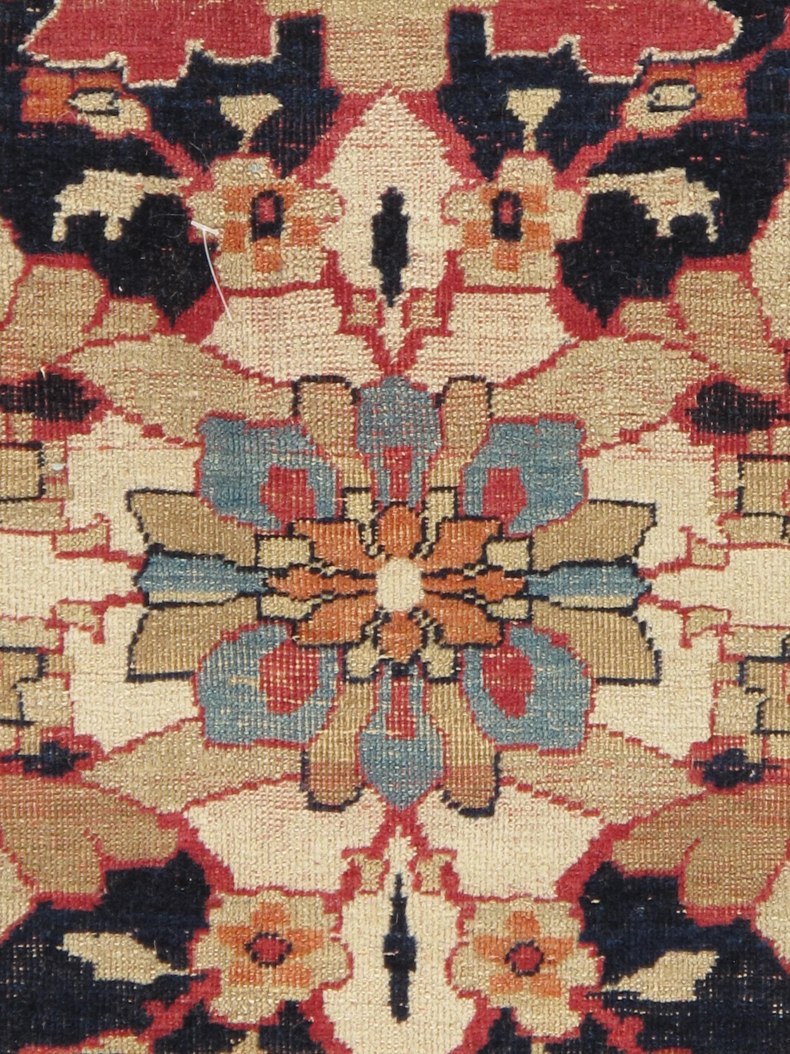 Hand-Knotted Antique Persian Lavar Kerman Oriental Carpet, Handmade, White, Navy, Jewel Tone For Sale