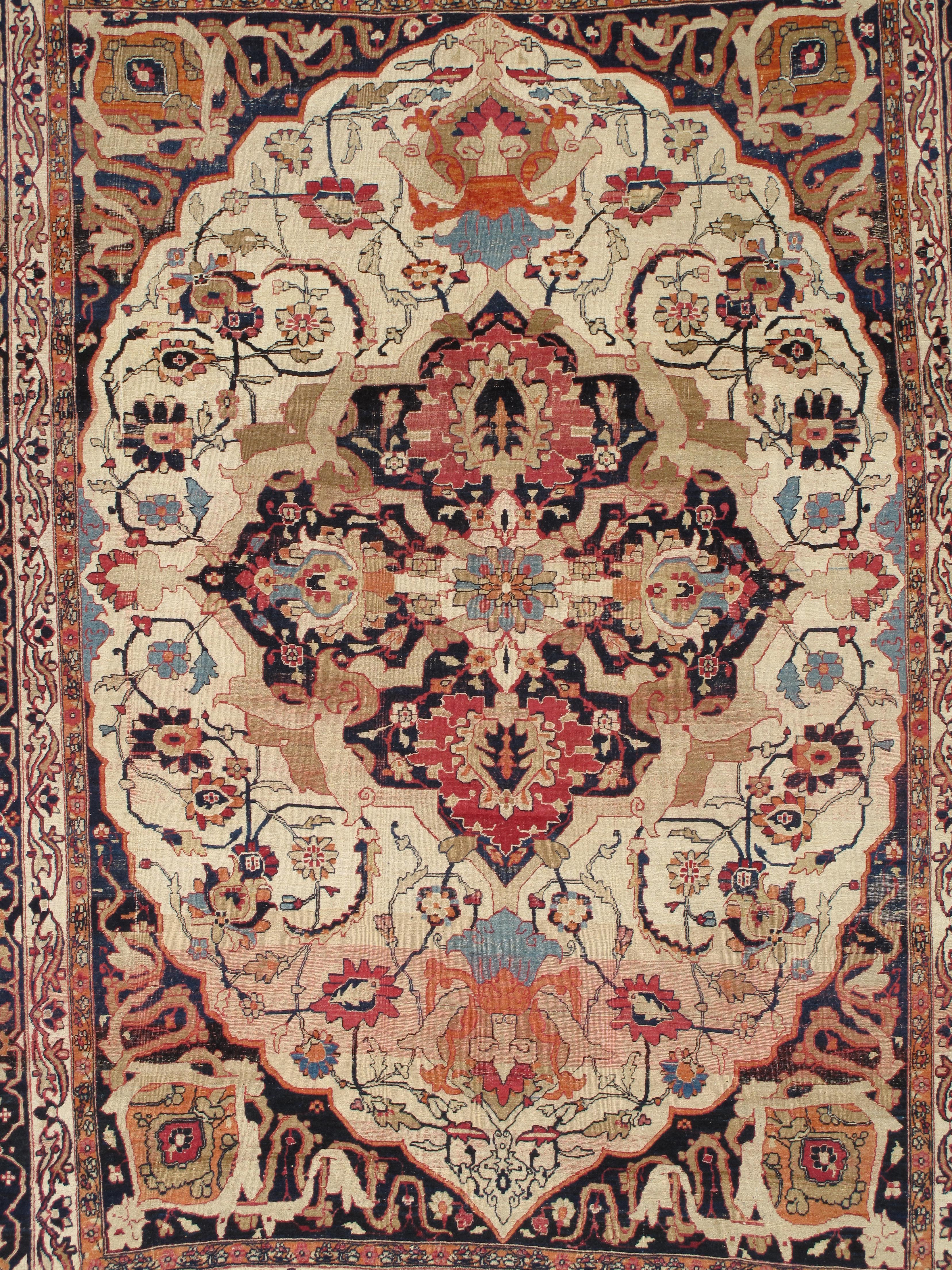 Wool Antique Persian Lavar Kerman Oriental Carpet, Handmade, White, Navy, Jewel Tone For Sale