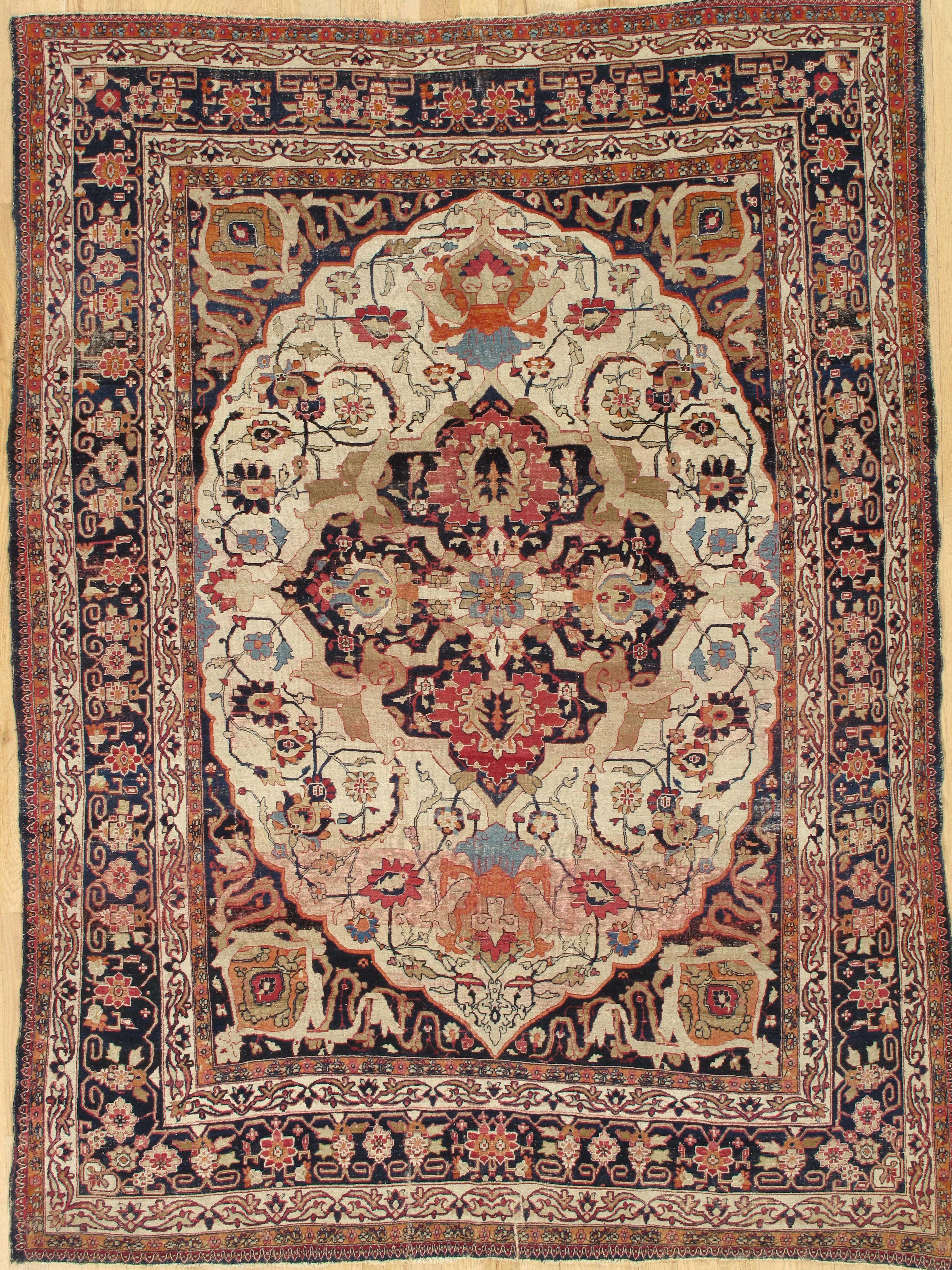 Antique Persian Lavar Kerman Oriental Carpet, Handmade, White, Navy, Jewel Tone For Sale 1