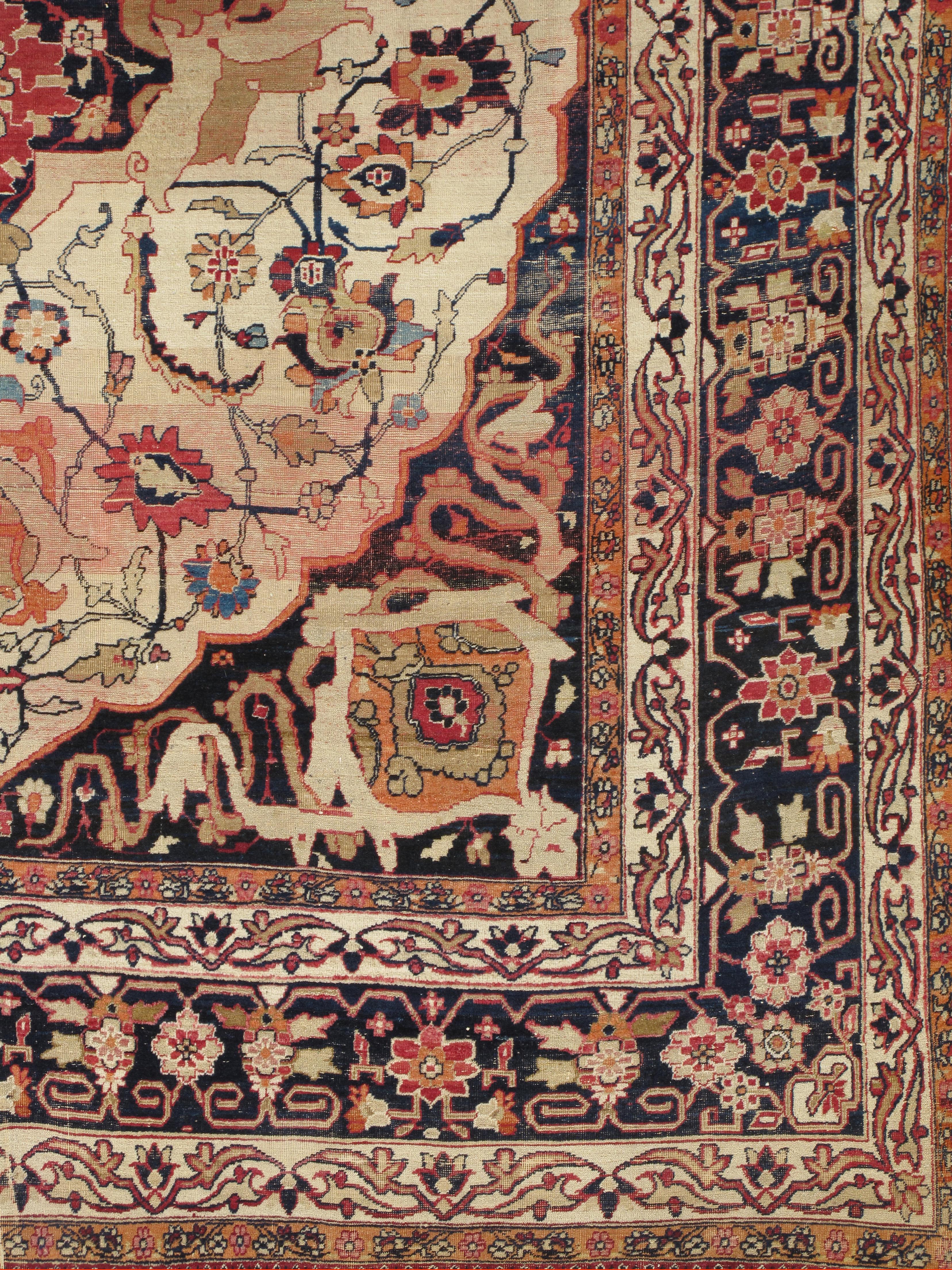 Antique Persian Lavar Kerman Oriental Carpet, Handmade, White, Navy, Jewel Tone For Sale 2
