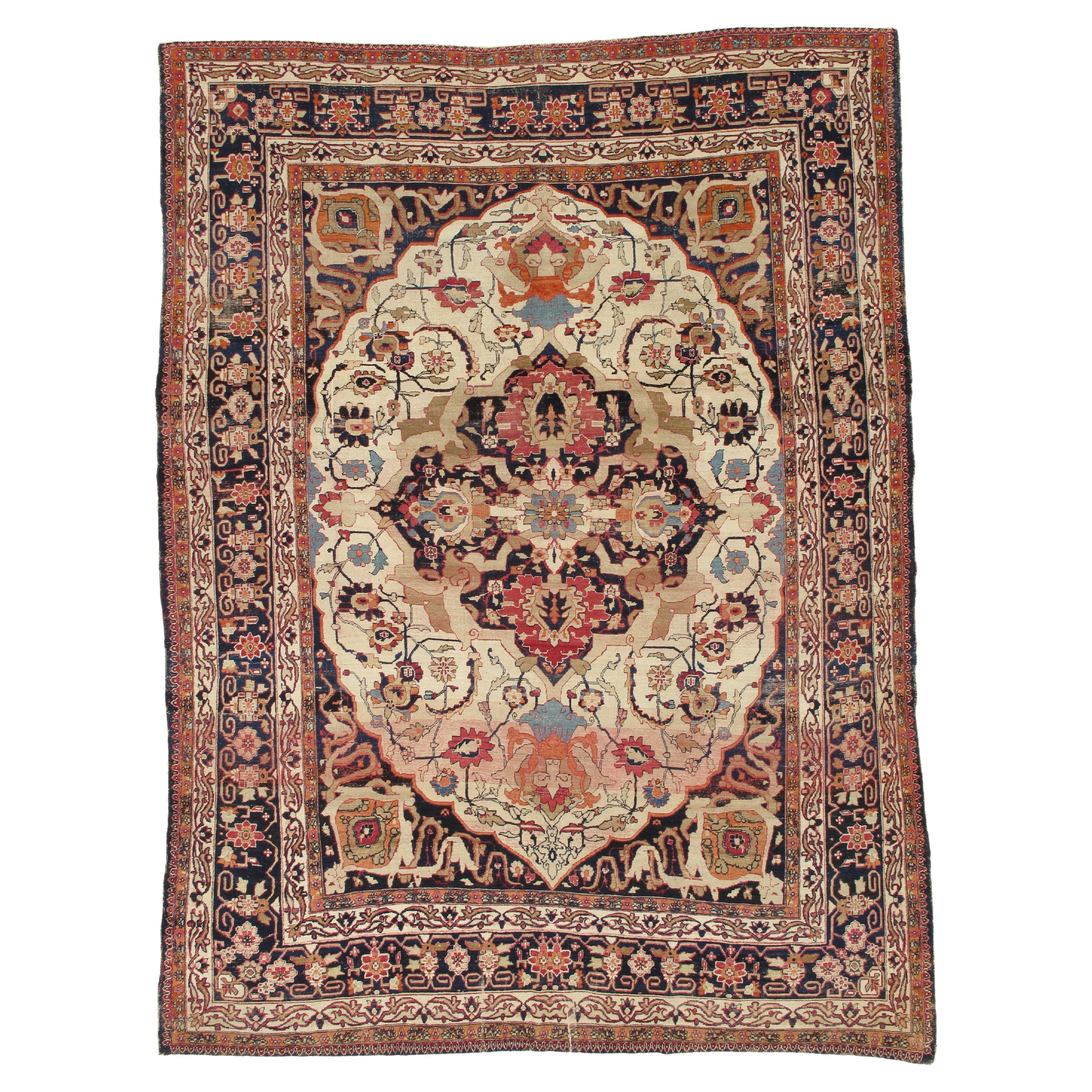 Antique Persian Lavar Kerman Oriental Carpet, Handmade, White, Navy, Jewel Tone For Sale