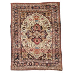 Antique Persian Lavar Kerman Oriental Carpet, Handmade, White, Navy, Jewel Tone
